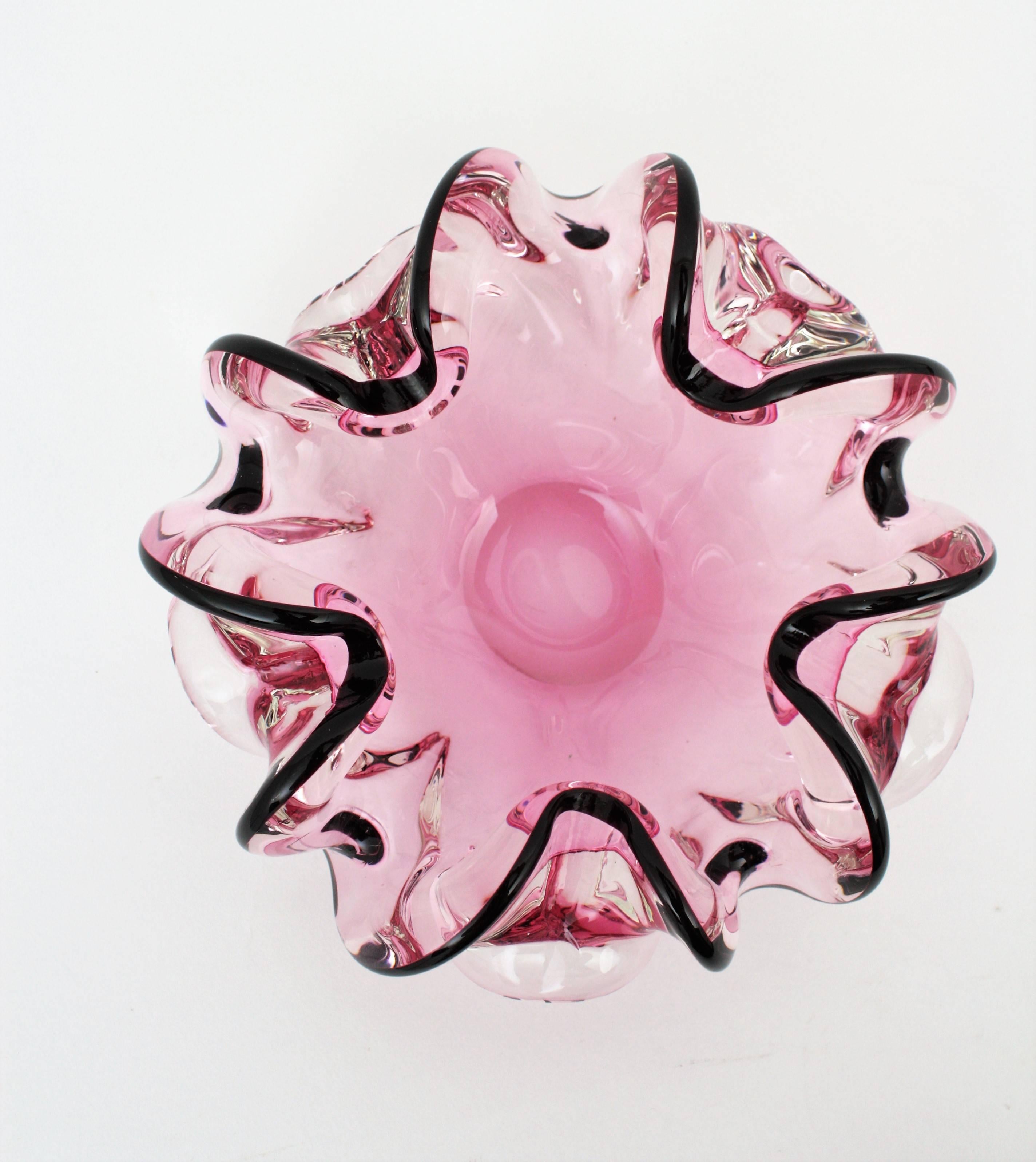 Italian 1960s Handblown Pink and Black Sommero Murano Art Glass Flower Bowl 2