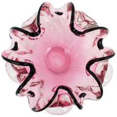 Italian 1960s Handblown Pink and Black Sommero Murano Art Glass Flower Bowl