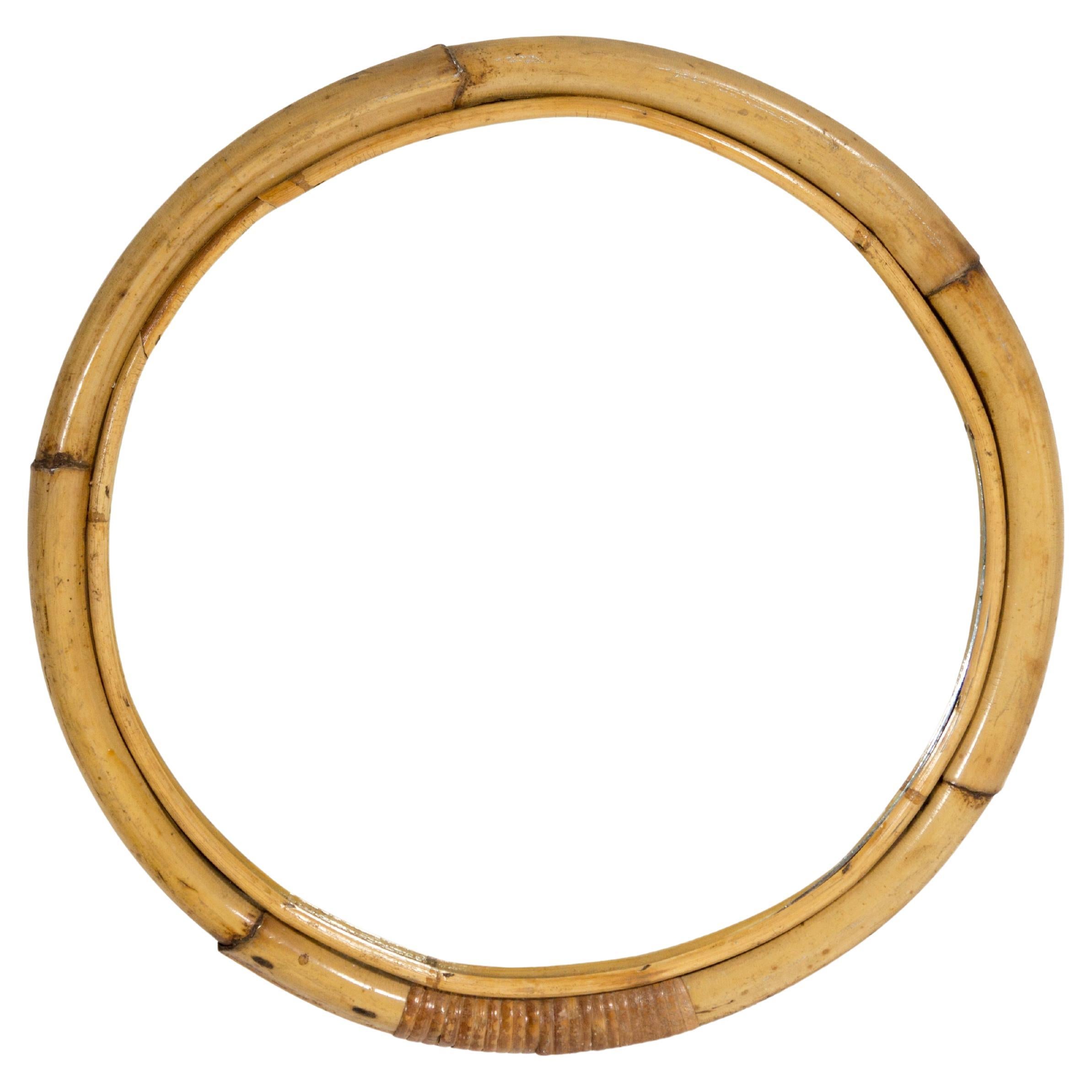 Italian 1960s Mid-Century Modern Round Wall Mirror with Double Bamboo Frame