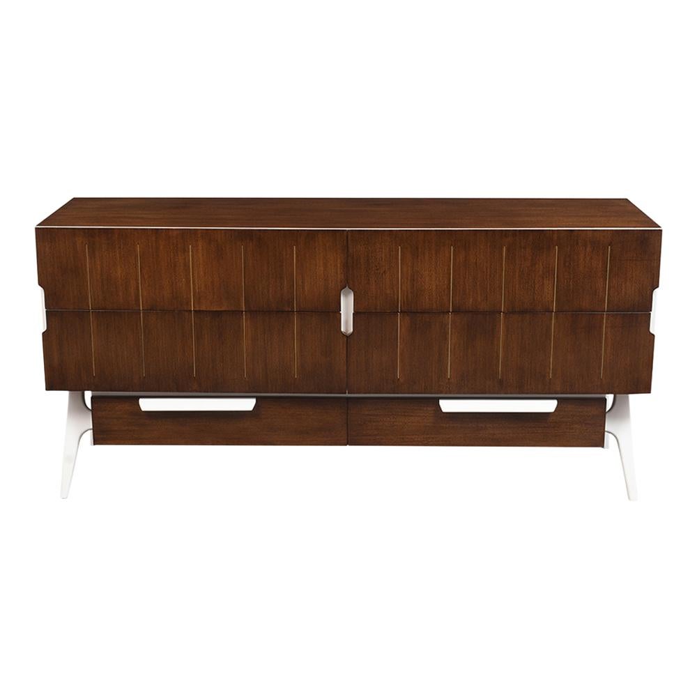 This 1970s Italian Modernism credenza has been completed restored and newly stained in walnut and white color combination with lacquer finish. This credenza features four large drawers with brass details and hidden carved handles underneath the