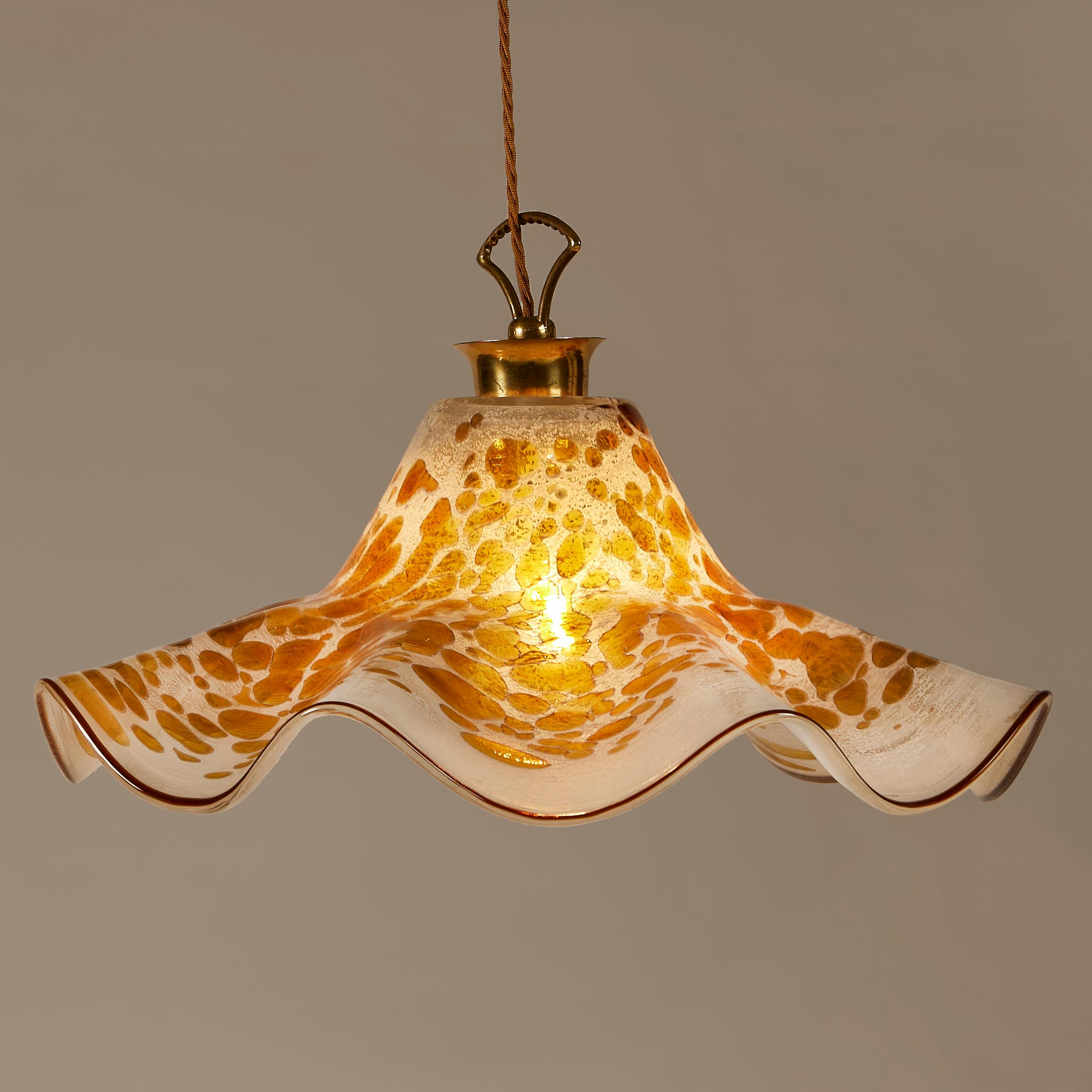 Handblown Murano 'Fazzoletto' handkerchief ceiling light with unusual rich cream and bronze patterning, edged in bronze. Brass ceiling rose.