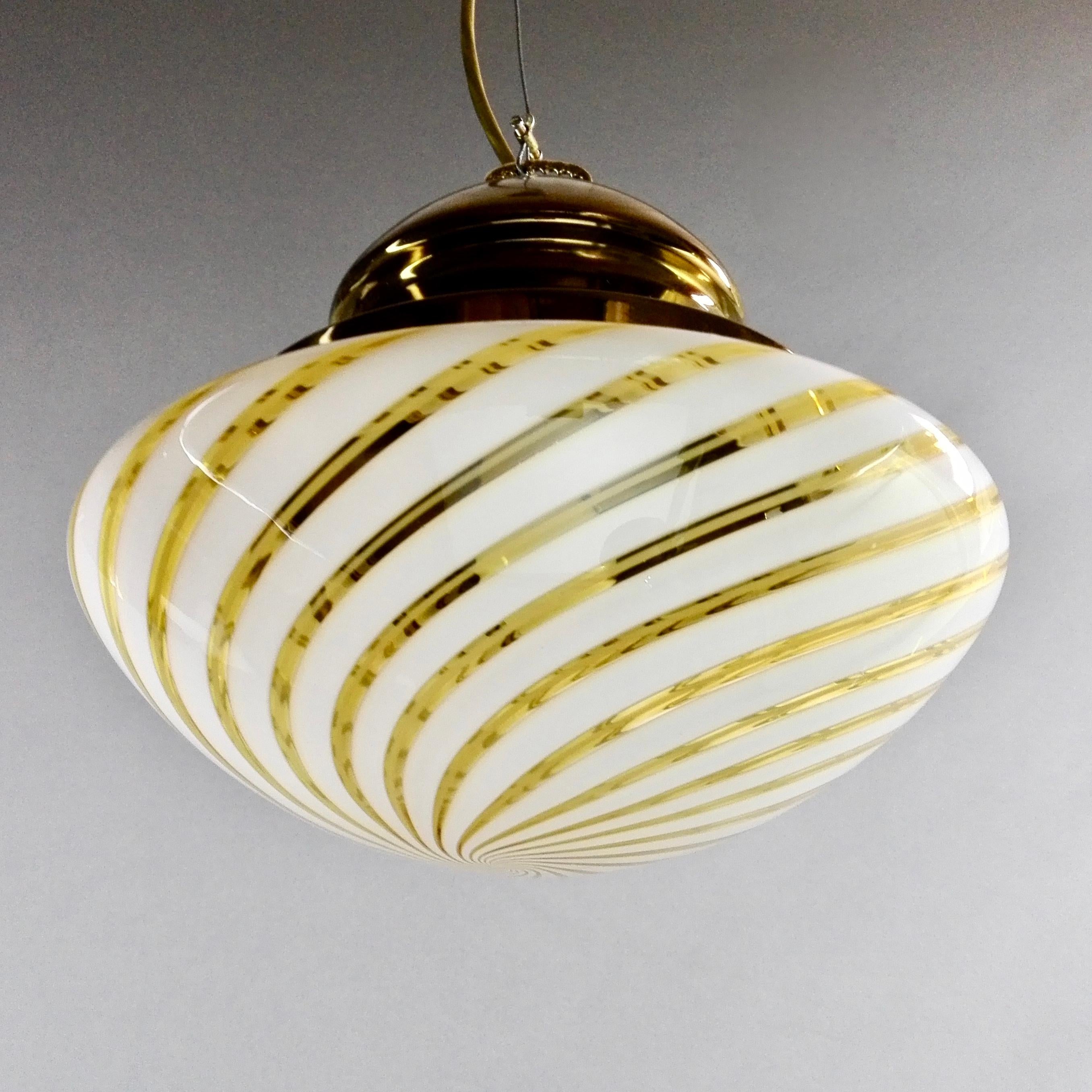 Mid-Century Modern Italian 1960s Murano Hand Blown Glass and Brass Pendant Lamp