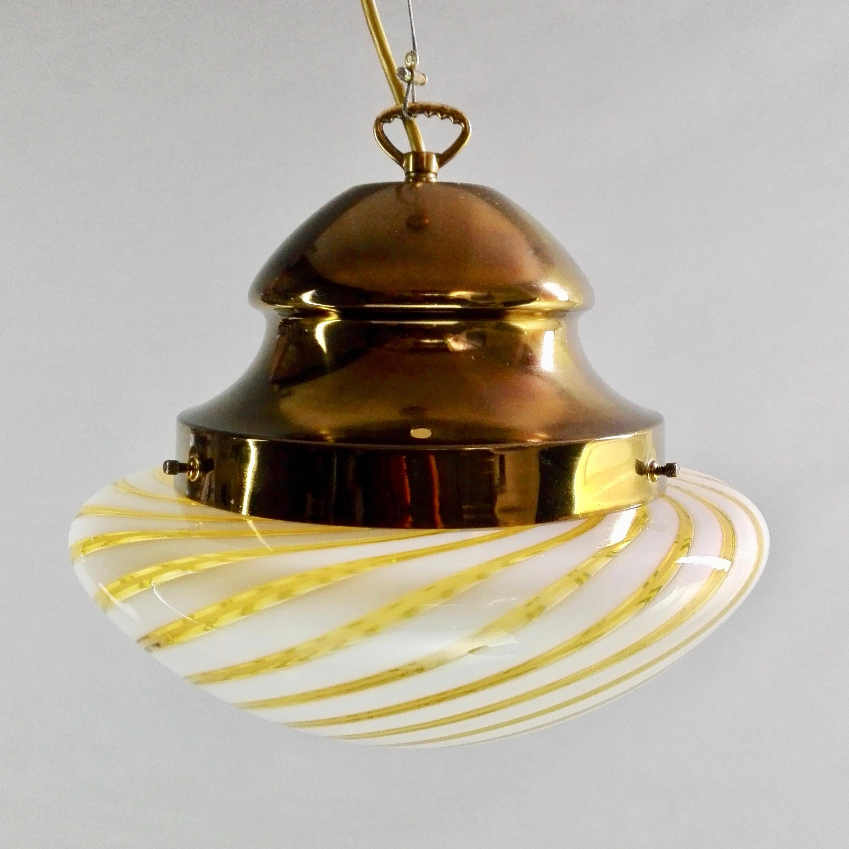 Hand-Crafted Italian 1960s Murano Hand Blown Glass and Brass Pendant Lamp