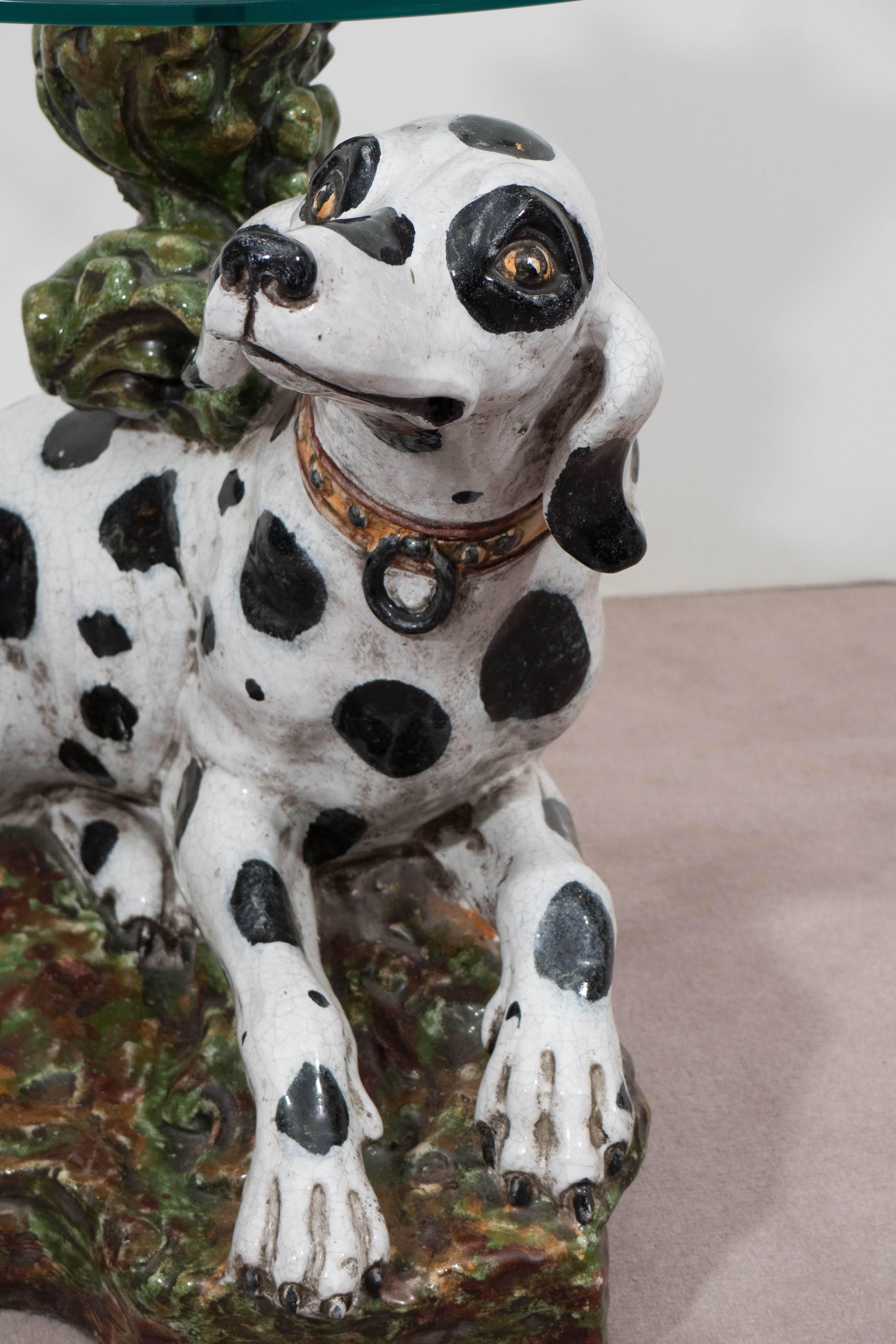 Mid-Century Modern Italian 1960s Occasional Glass Top Table with Ceramic Dalmatian as Base