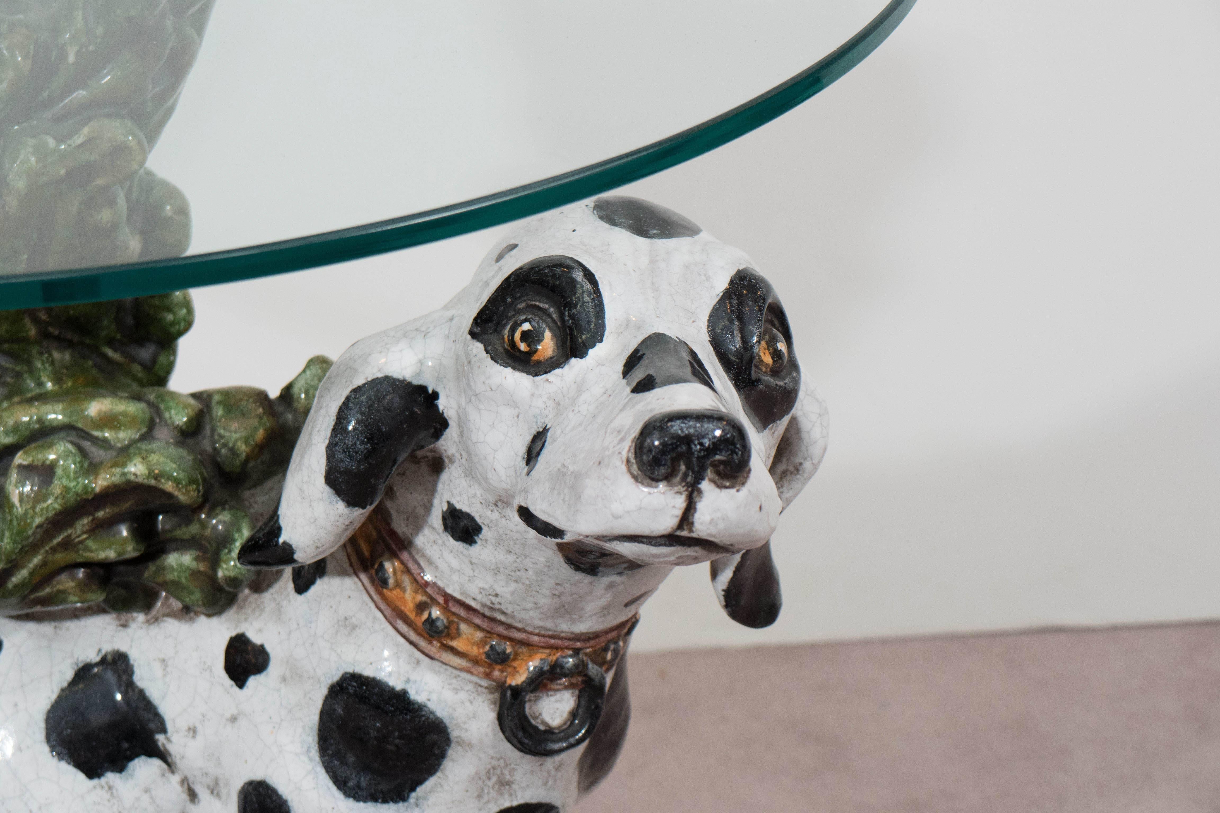 Italian 1960s Occasional Glass Top Table with Ceramic Dalmatian as Base In Good Condition In Astoria, NY