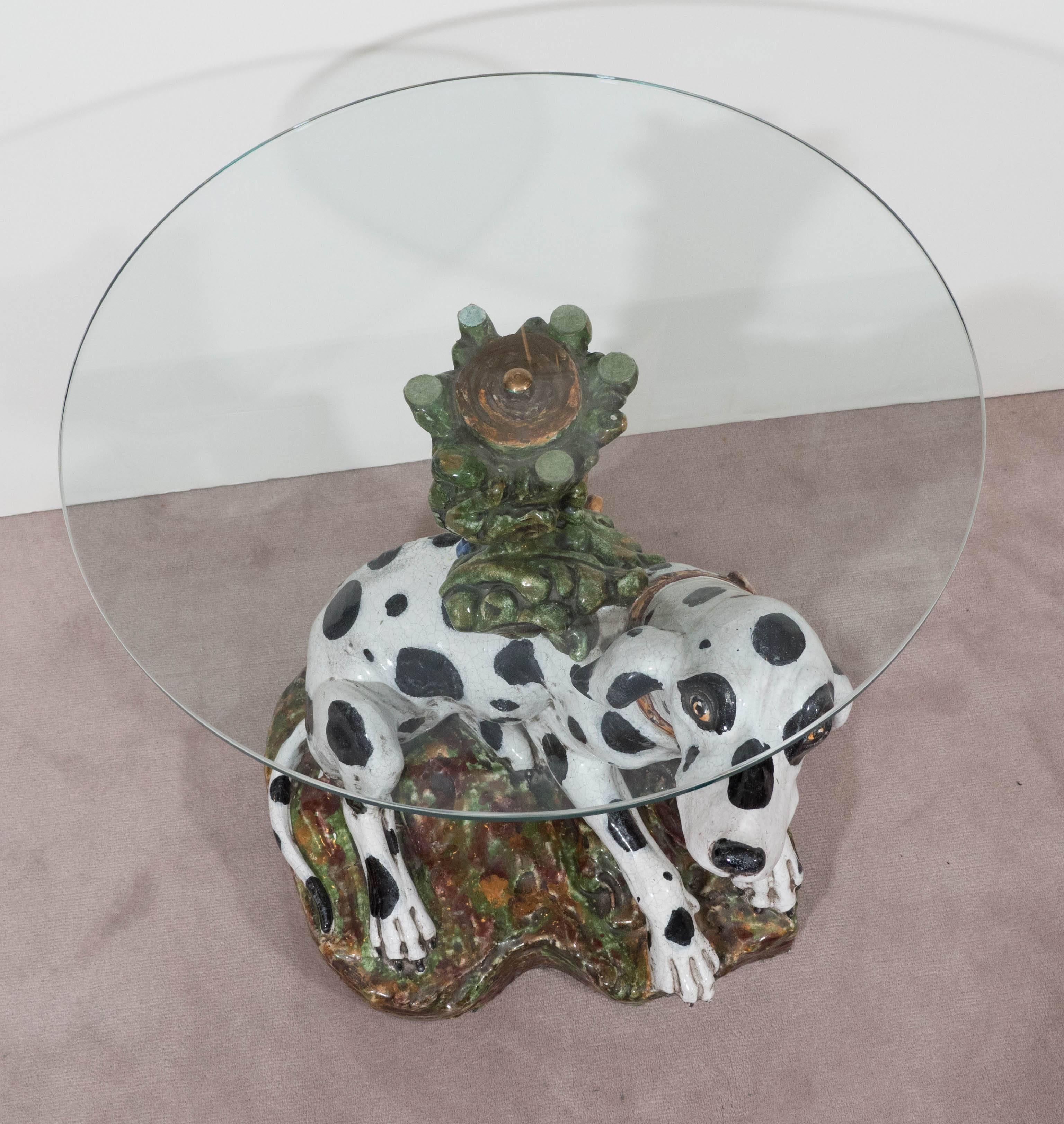 Italian 1960s Occasional Glass Top Table with Ceramic Dalmatian as Base 3
