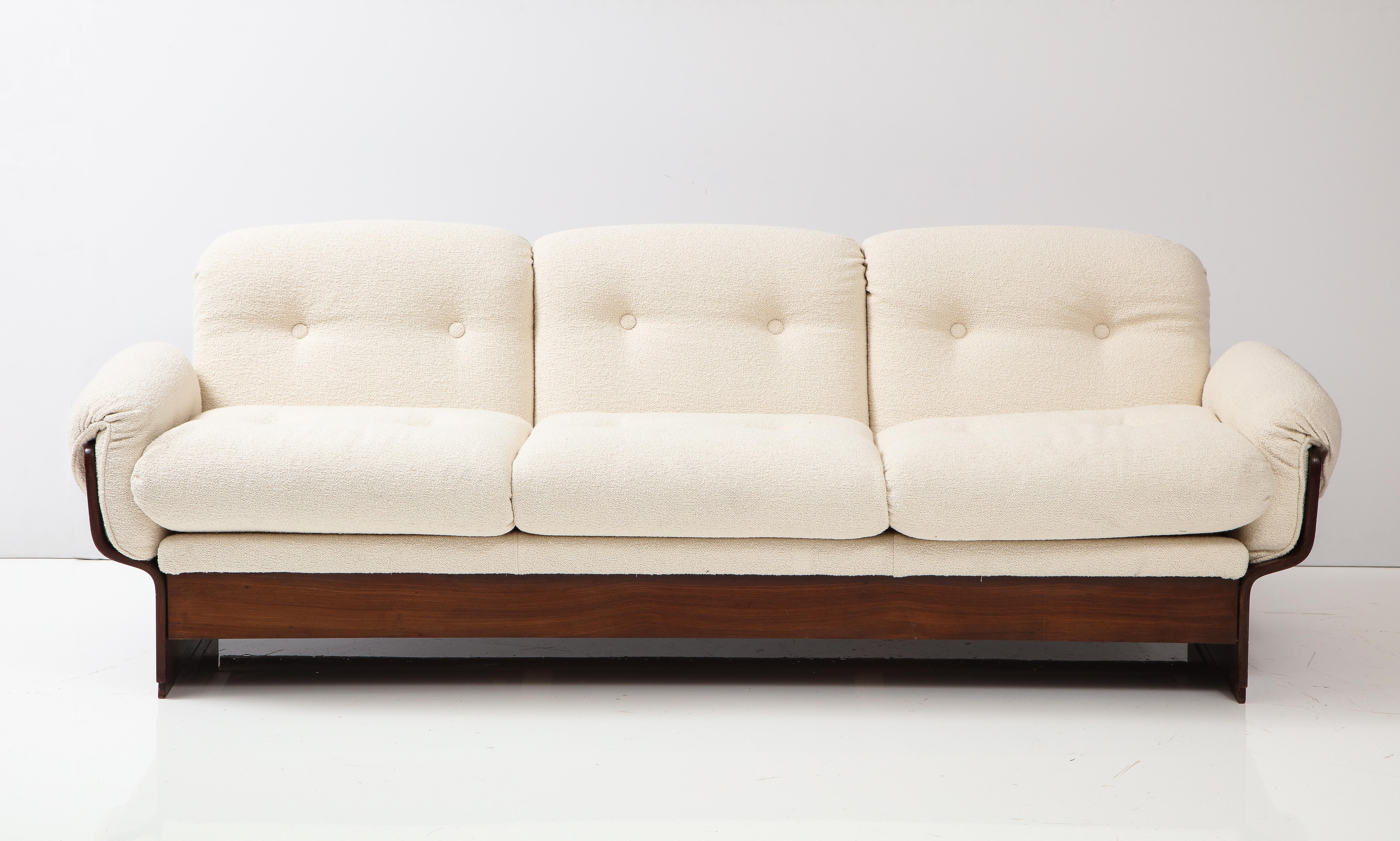 Italian 1960's Palisander Wood Curved Three Seat Upholstered Boucle Sofa In Good Condition For Sale In New York, NY