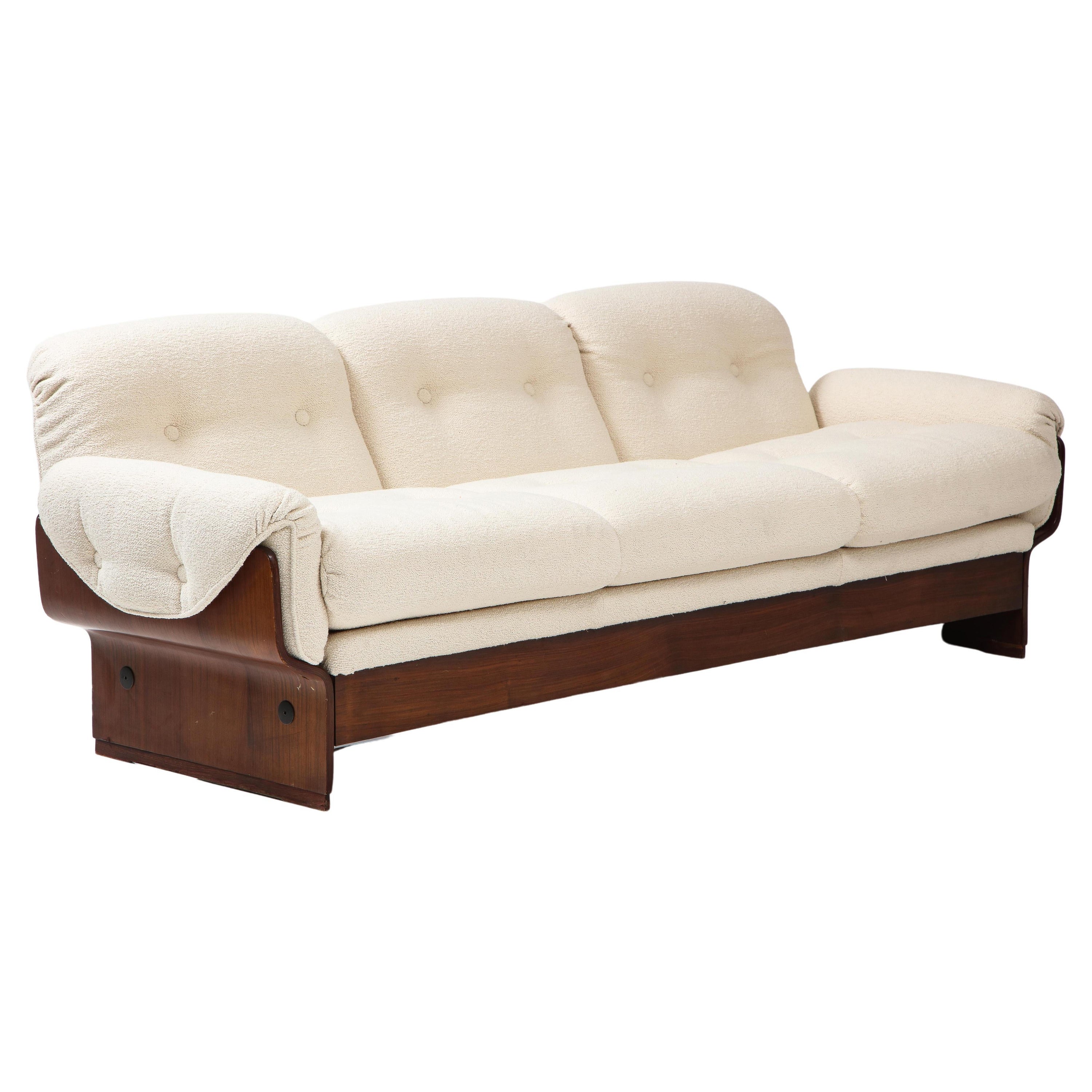 Italian 1960
s Palisander Wood Curved Three Seat Upholstered Boucle Sofa