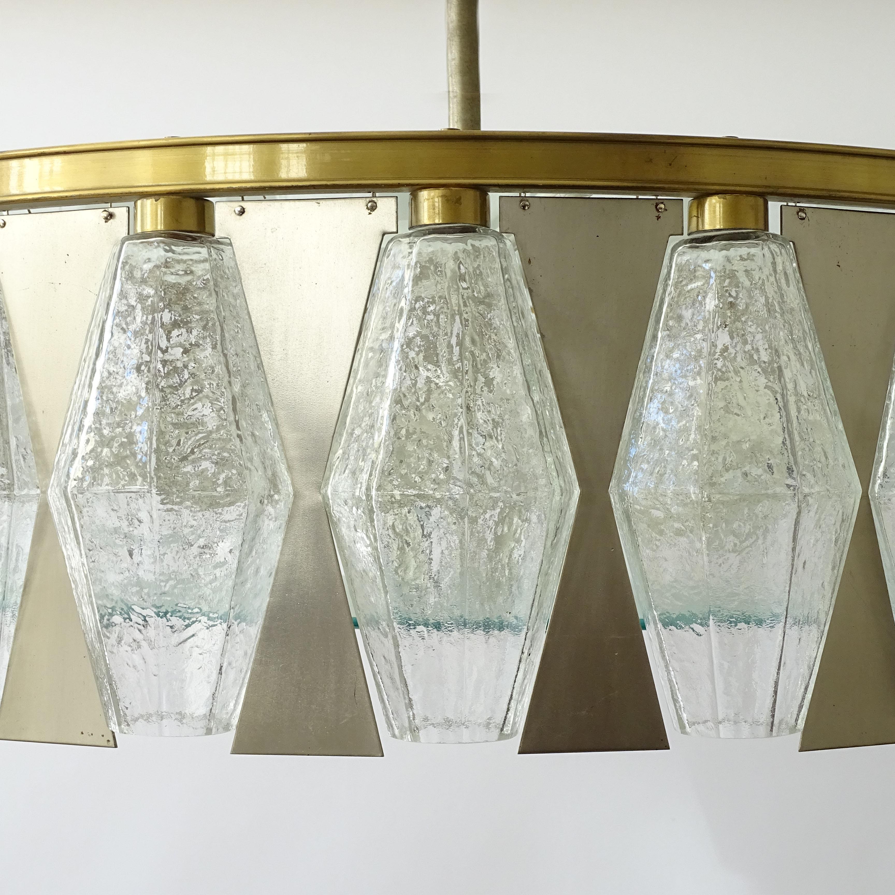 Mid-Century Modern Italian 1960s Poliedri Glass, Steel and Brass Ceiling Lamp For Sale