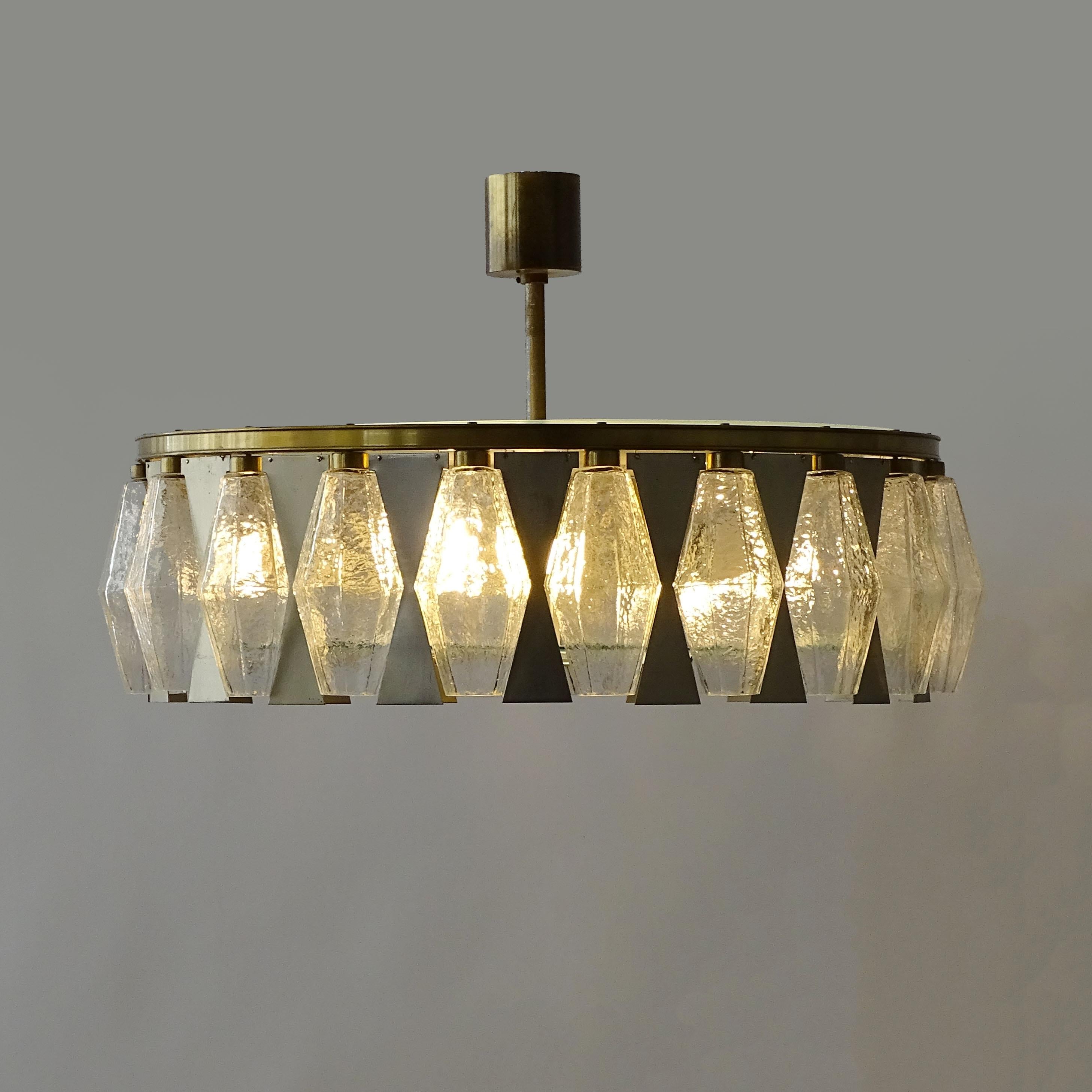 Italian 1960s Poliedri Glass, Steel and Brass Ceiling Lamp For Sale 1