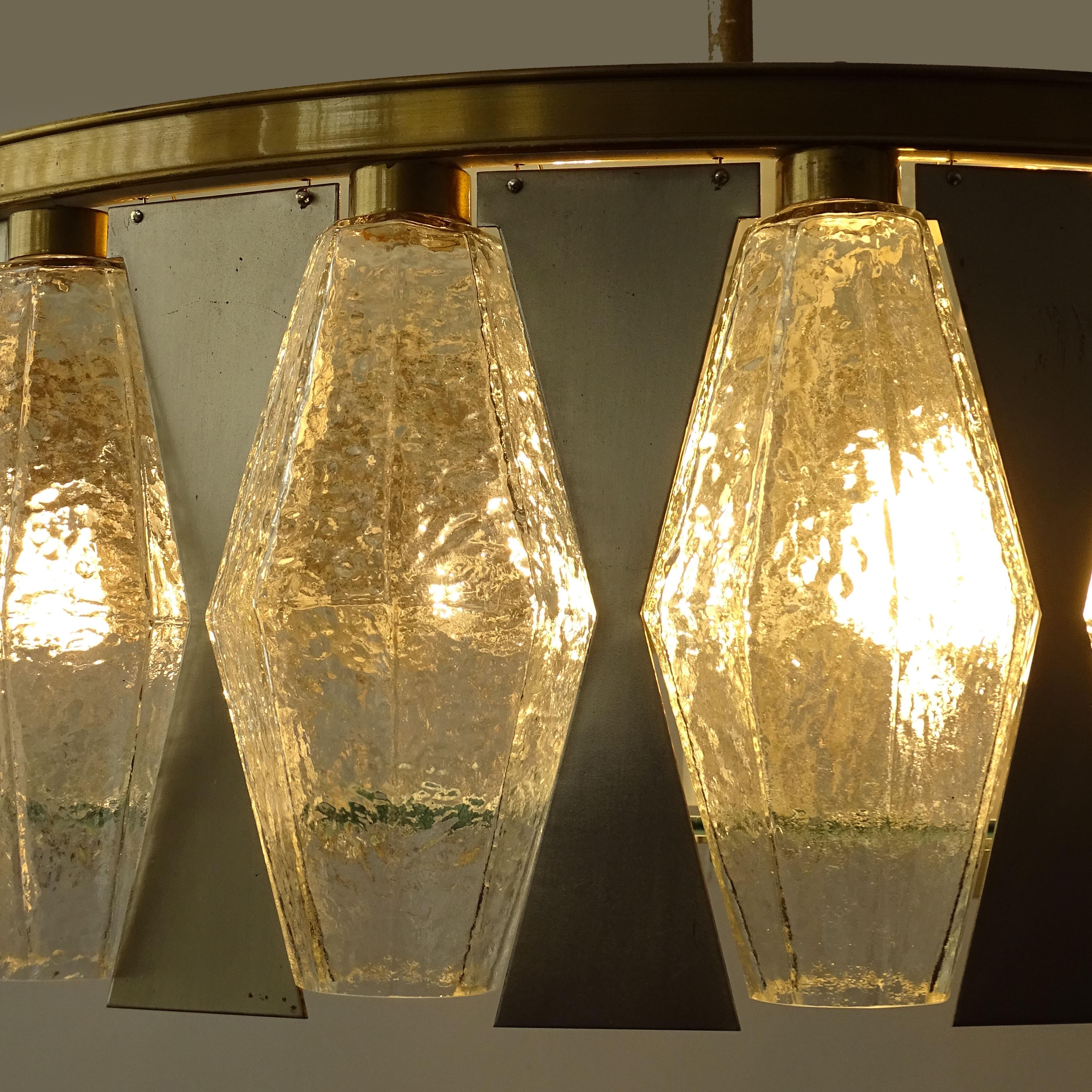 Italian 1960s Poliedri Glass, Steel and Brass Ceiling Lamp For Sale 2