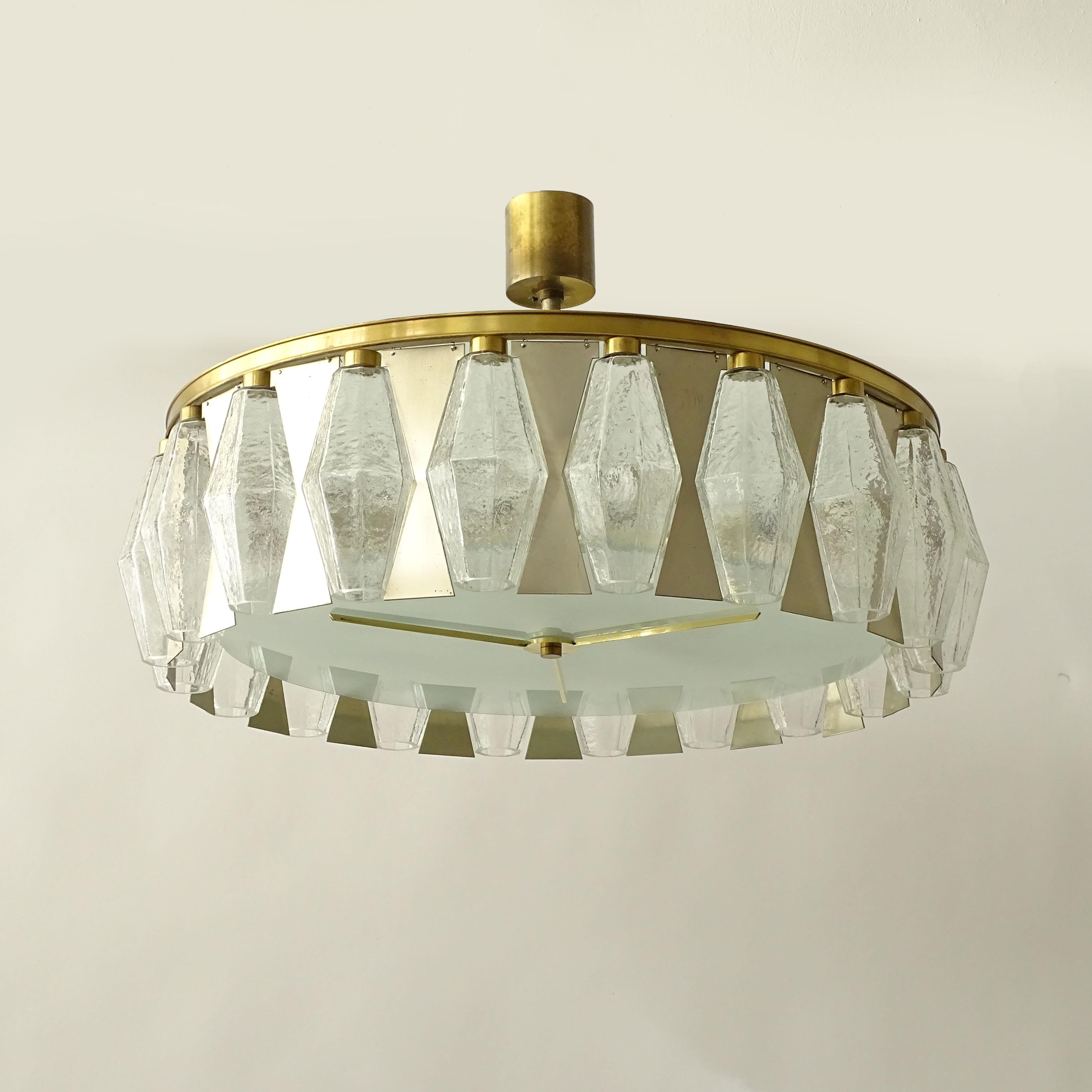 Italian 1960s Poliedri Glass, Steel and Brass Ceiling Lamp For Sale 5