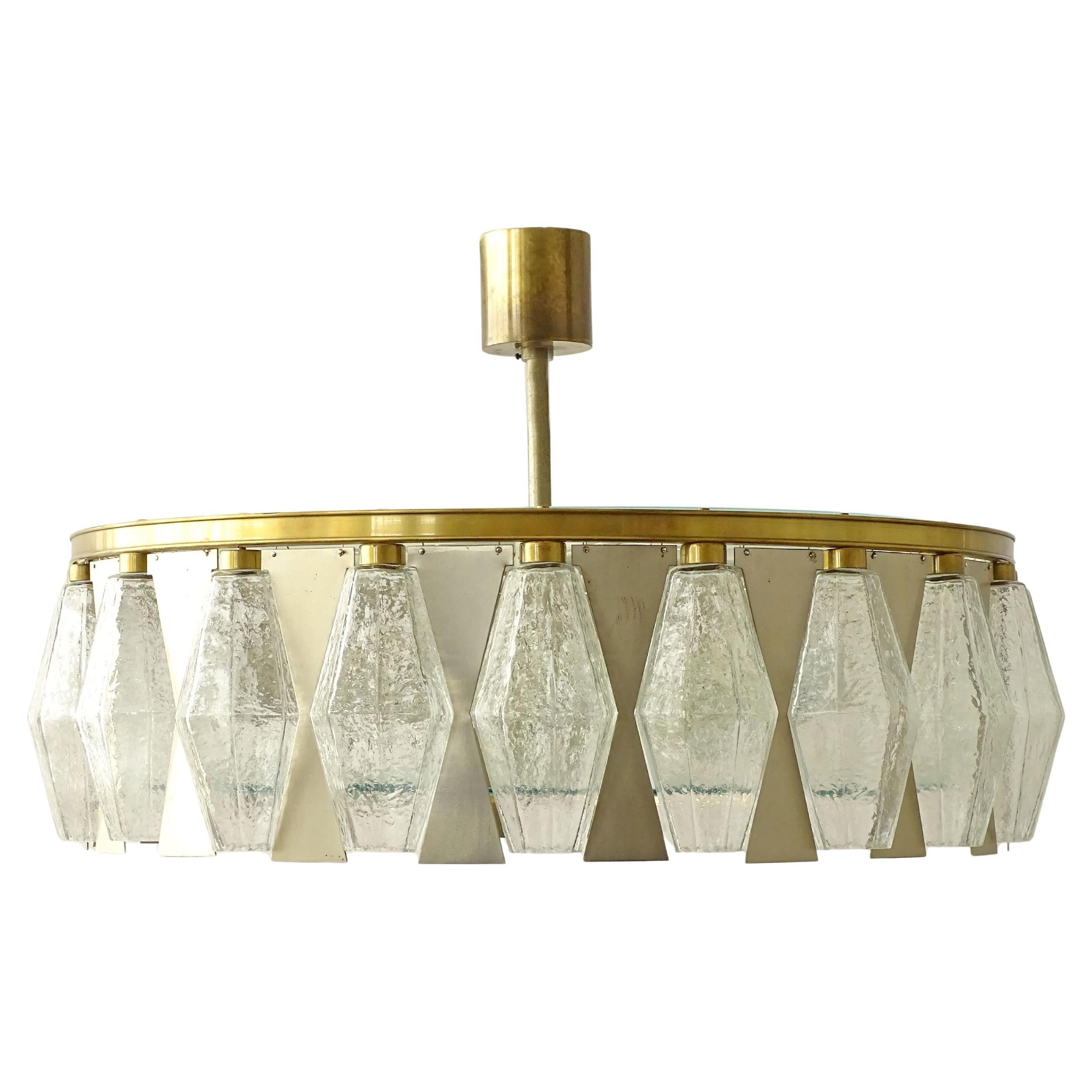 Italian 1960s Poliedri Glass, Steel and Brass Ceiling Lamp For Sale