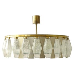 Italian 1960s Poliedri Glass, Steel and Brass Ceiling Lamp
