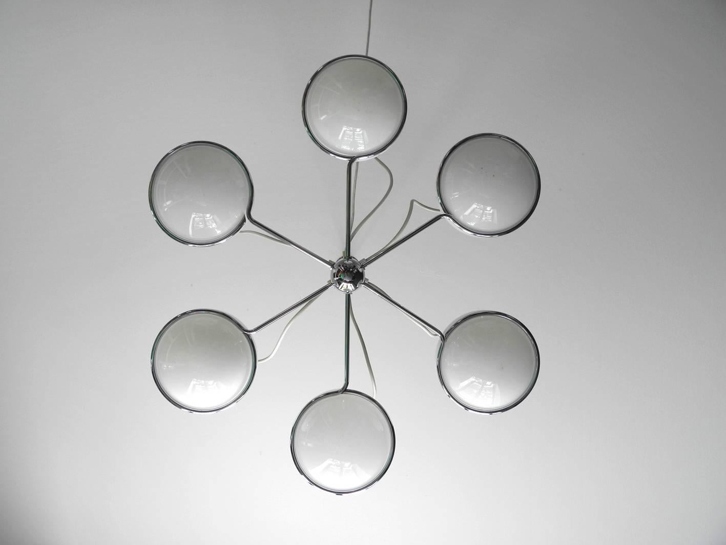 Metal Italian 1960s Pop Art Space Age Chrome Ceiling Lamp with Six Glass Balls