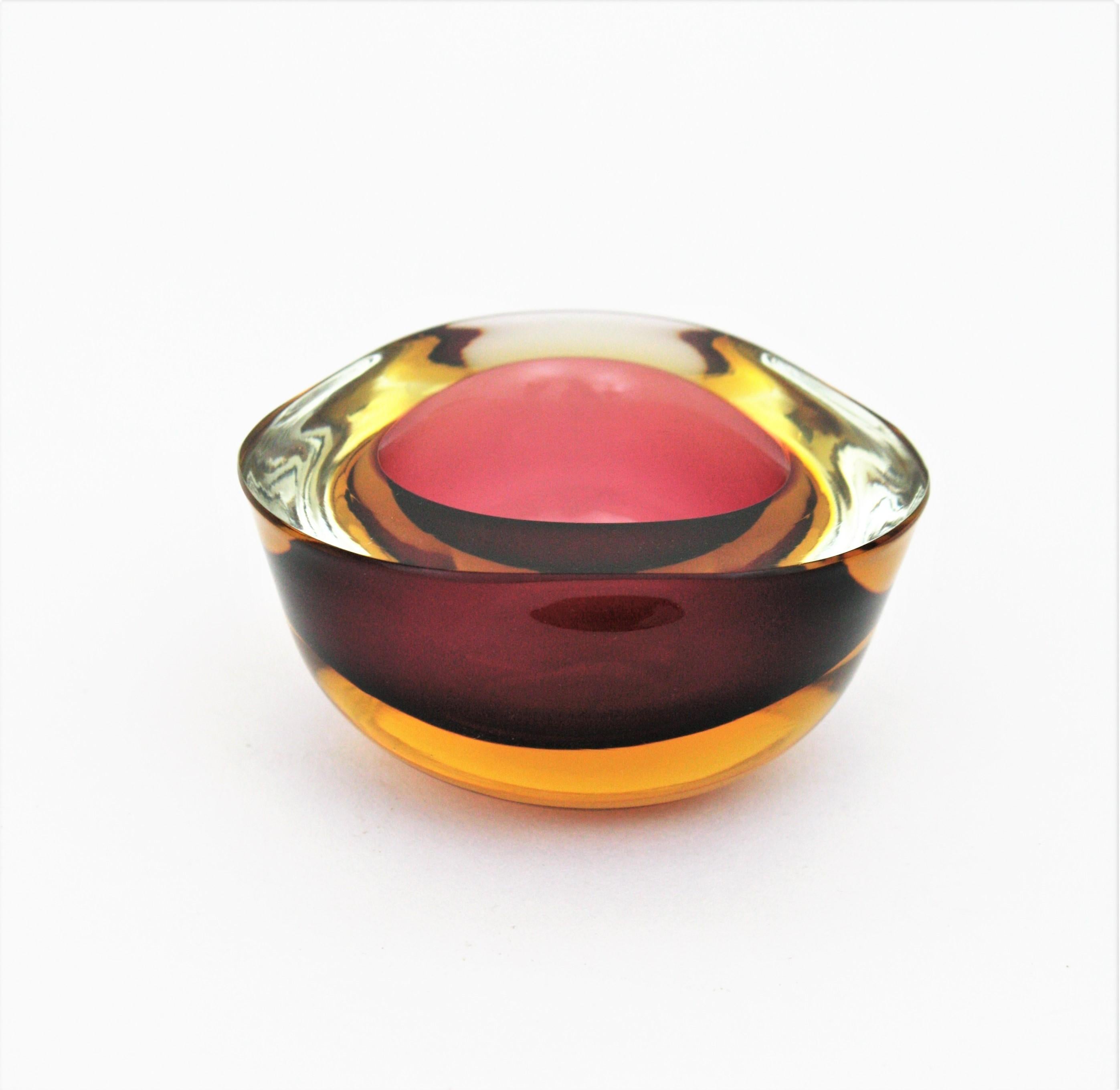 Italian Seguso Murano Sommerso Burgundy Yellow and Clear Glass Geode Bowl, Italy, 1960s