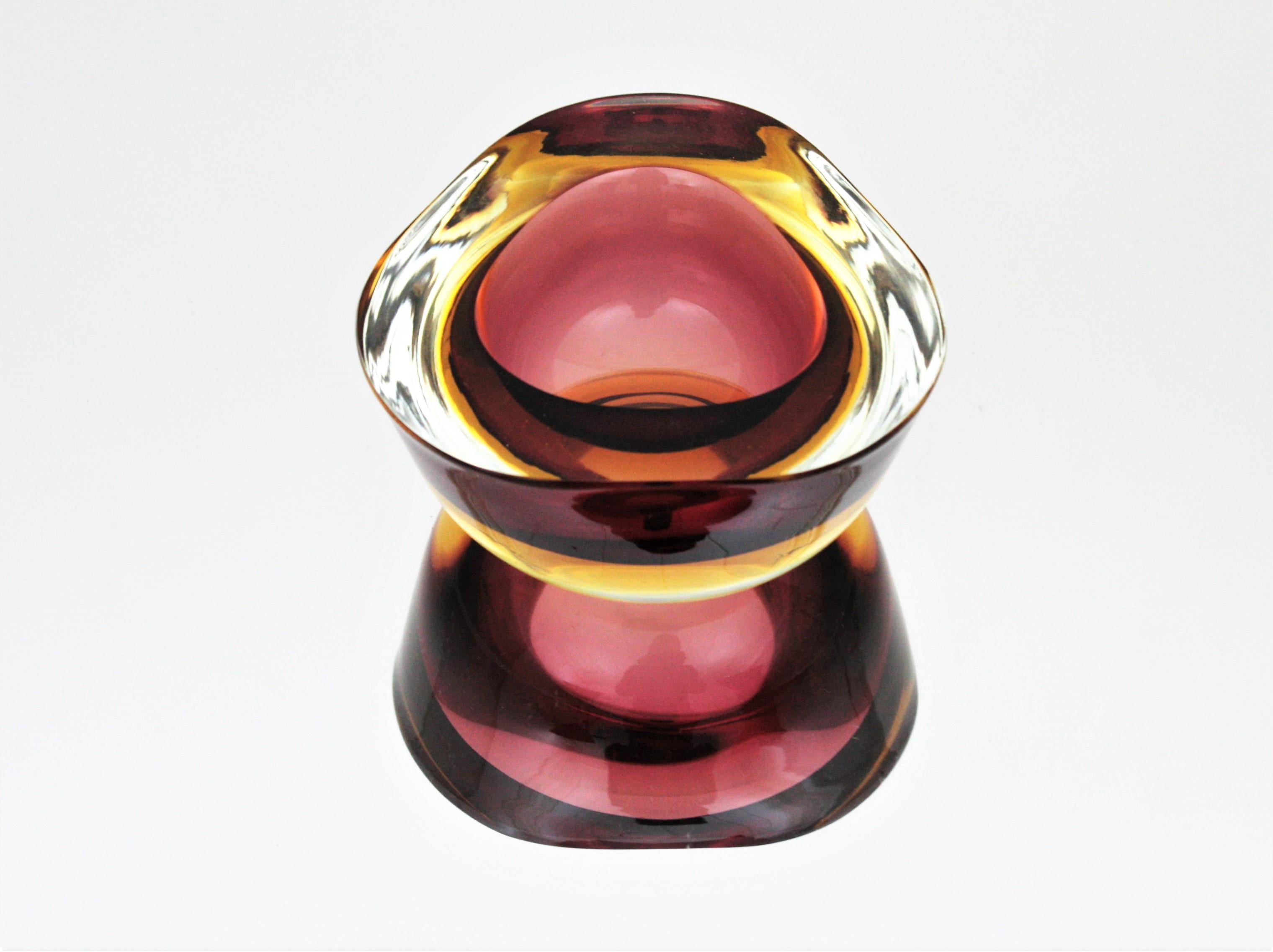 Seguso Murano Sommerso Burgundy Yellow and Clear Glass Geode Bowl, Italy, 1960s In Excellent Condition In Barcelona, ES