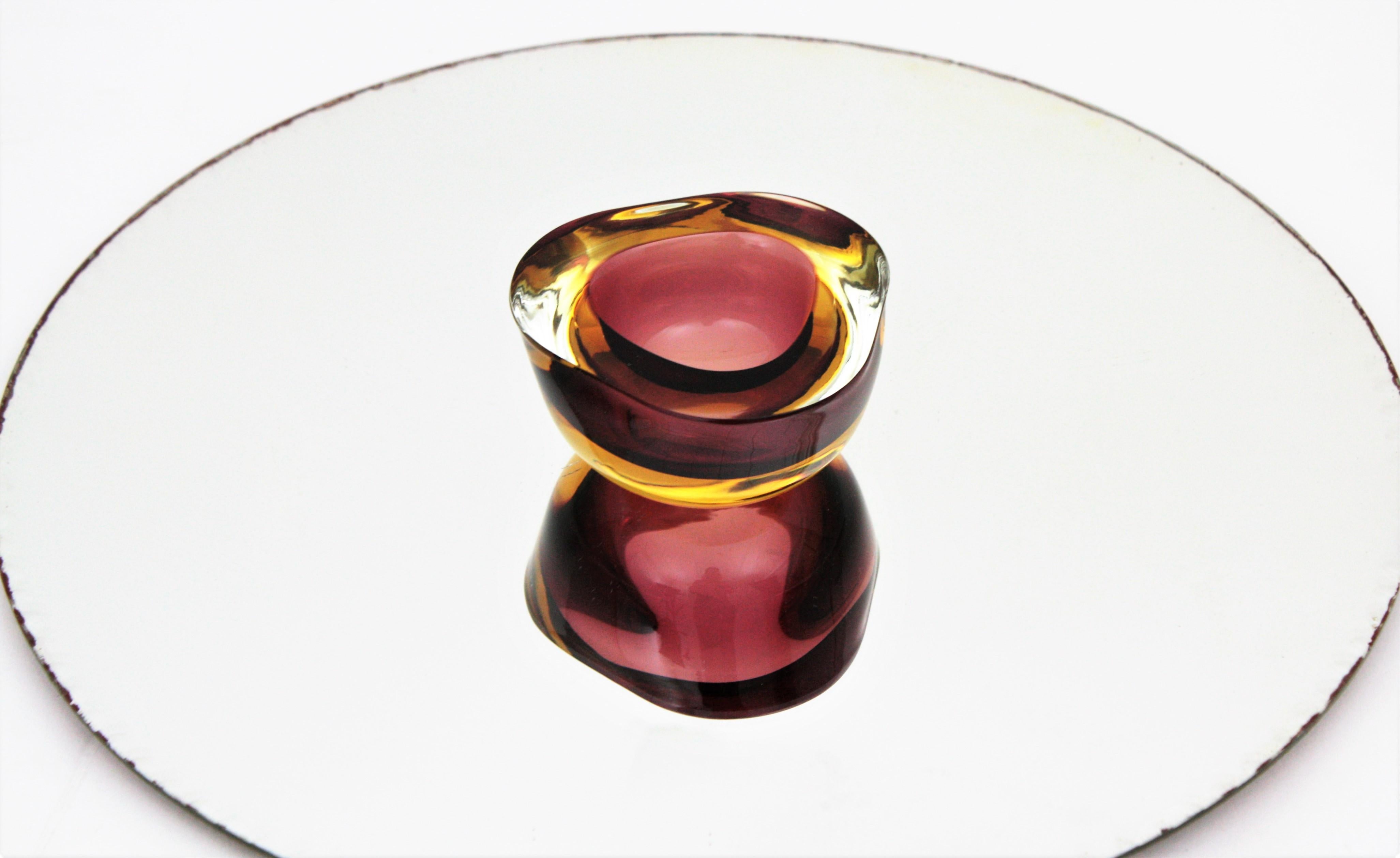 20th Century Seguso Murano Sommerso Burgundy Yellow and Clear Glass Geode Bowl, Italy, 1960s
