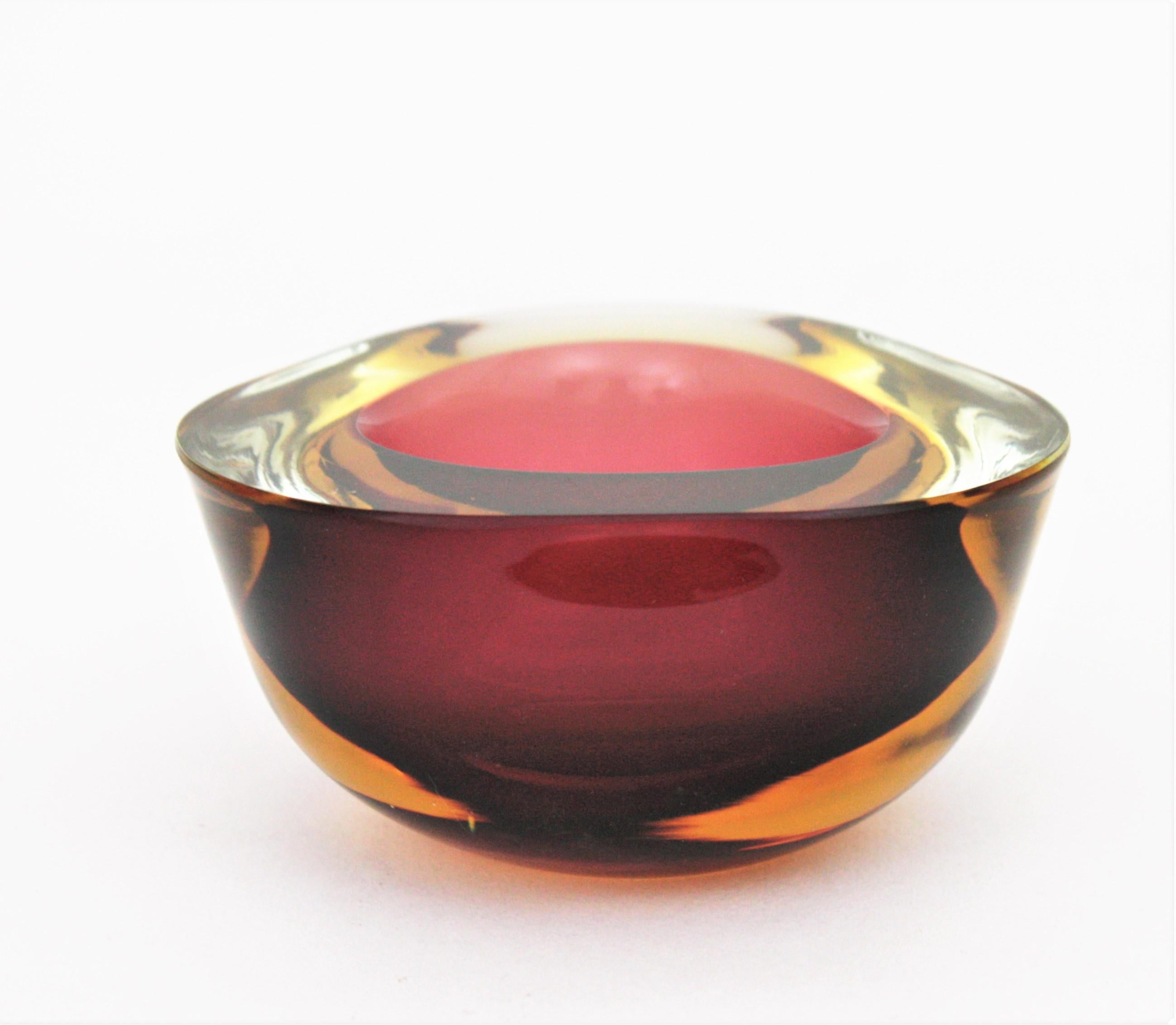 Seguso Murano Sommerso Burgundy Yellow and Clear Glass Geode Bowl, Italy, 1960s 1