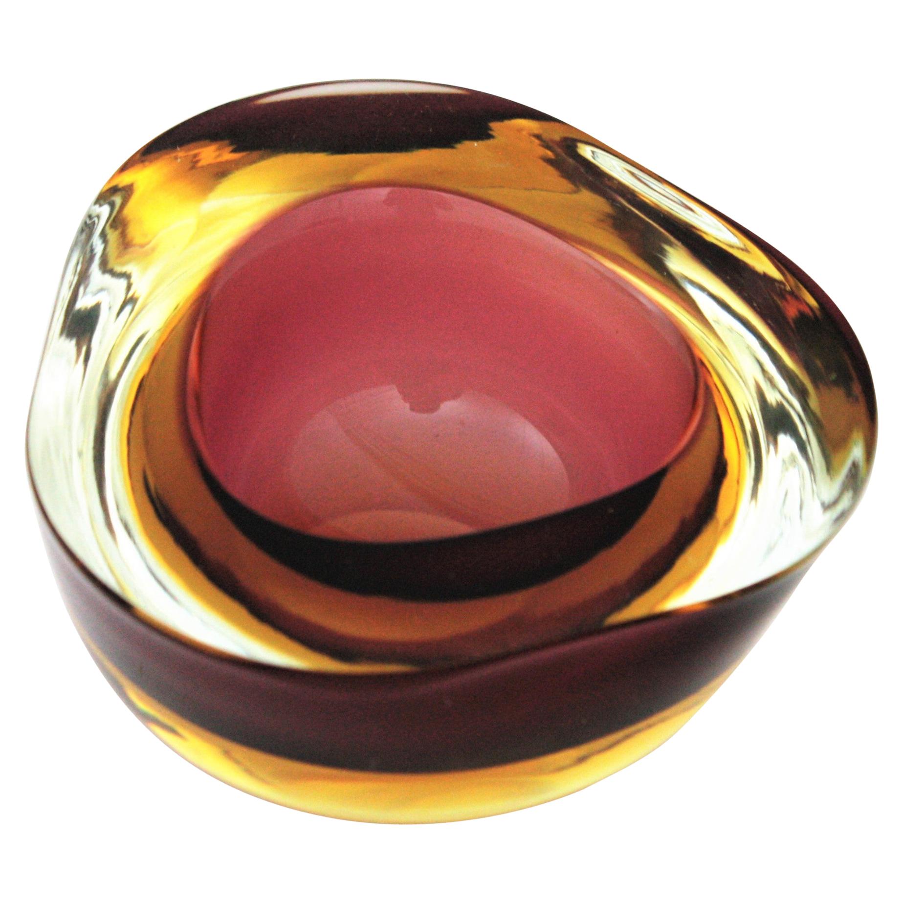 Seguso Murano Sommerso Burgundy Yellow and Clear Glass Geode Bowl, Italy, 1960s