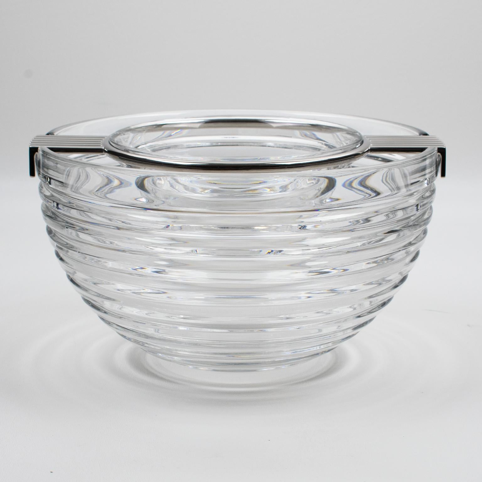 Stylish modernist Mid-Century silver plate and crystal caviar serving bowl or dish designed by Riedel, Italy for its Mesa collection in the 1960s. Minimalist chic design with geometric streamline shape, featuring a large stepped crystal container
