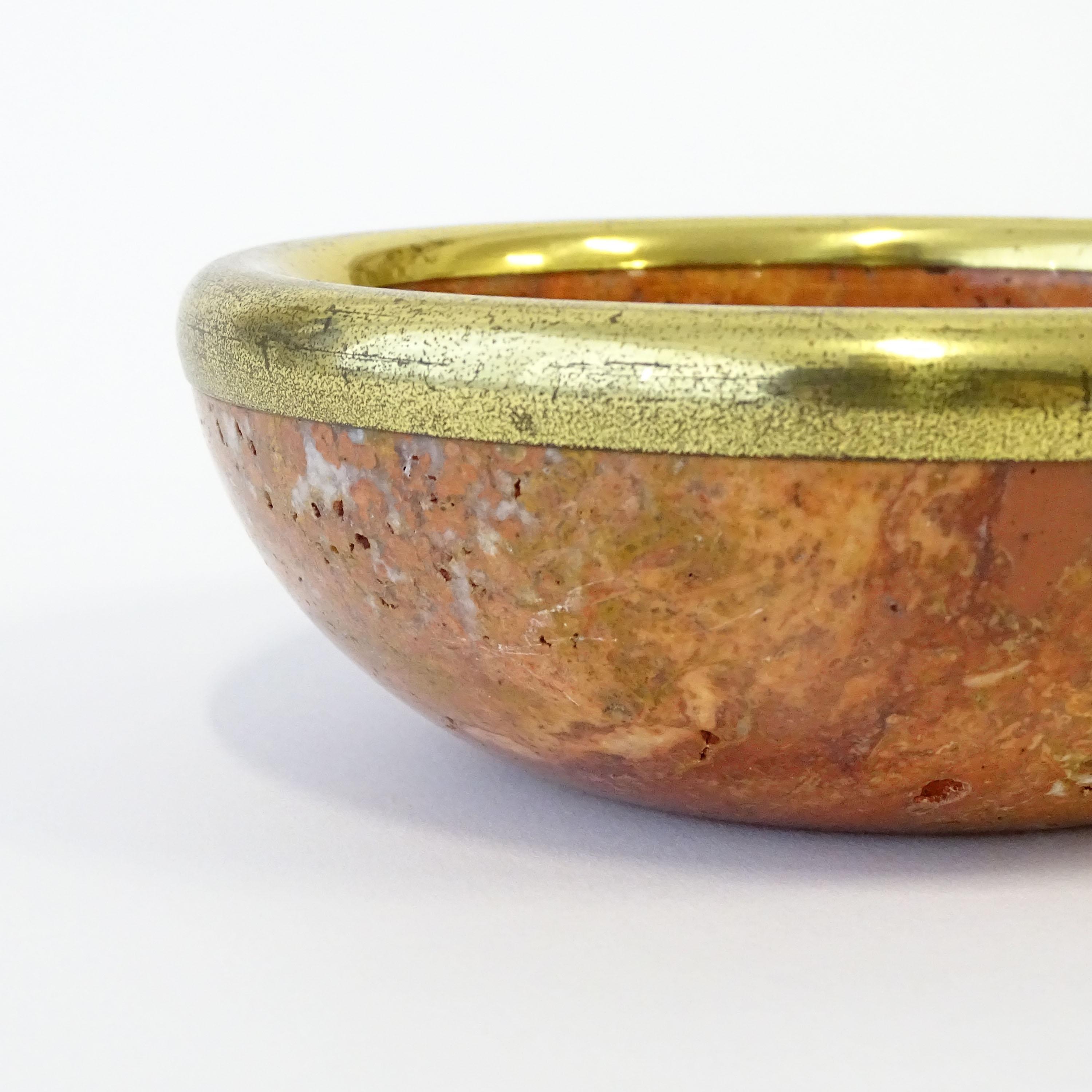 Mid-Century Modern Italian 1960s small red travertine stone and brass trim bowl For Sale