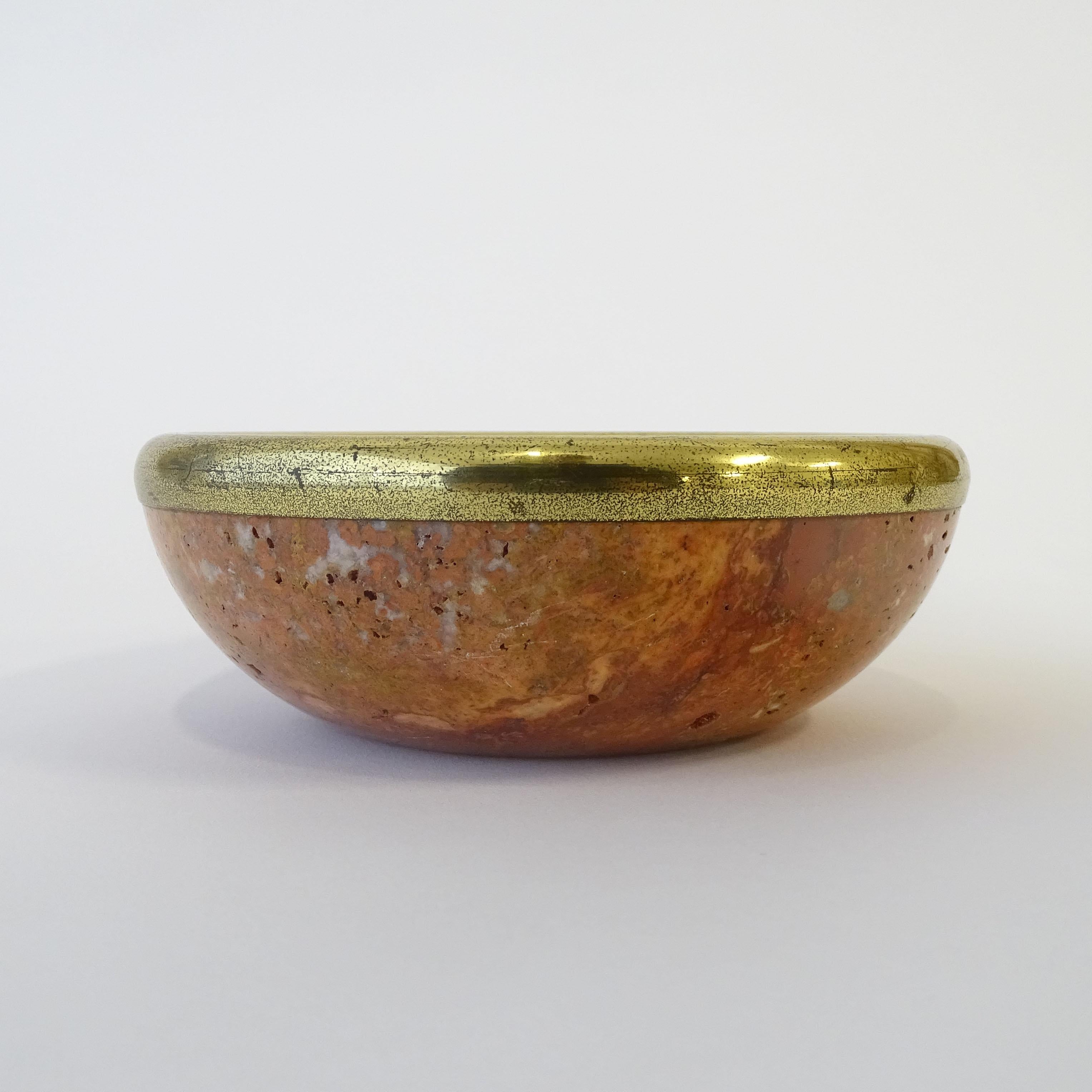 Mid-20th Century Italian 1960s small red travertine stone and brass trim bowl For Sale