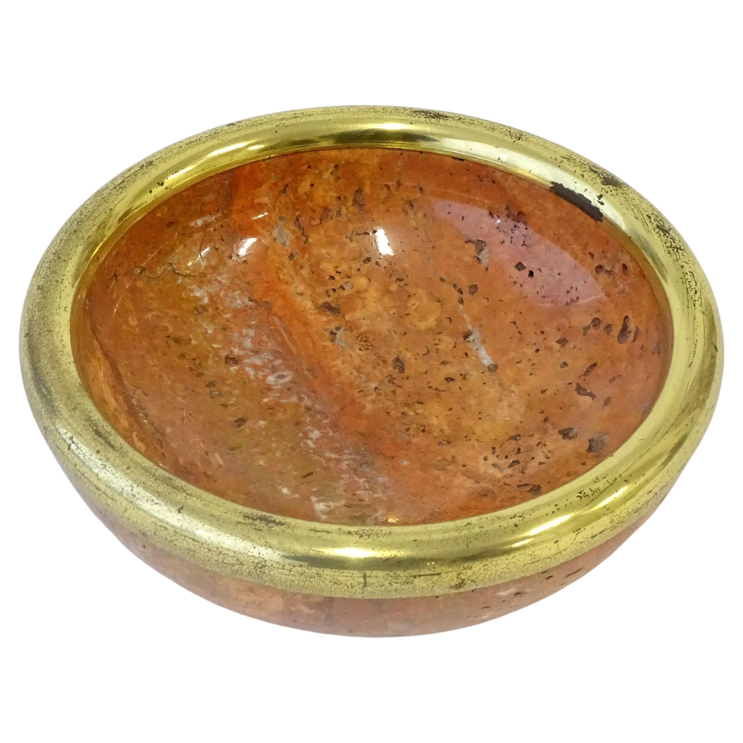 Italian 1960s small red travertine stone and brass trim bowl For Sale