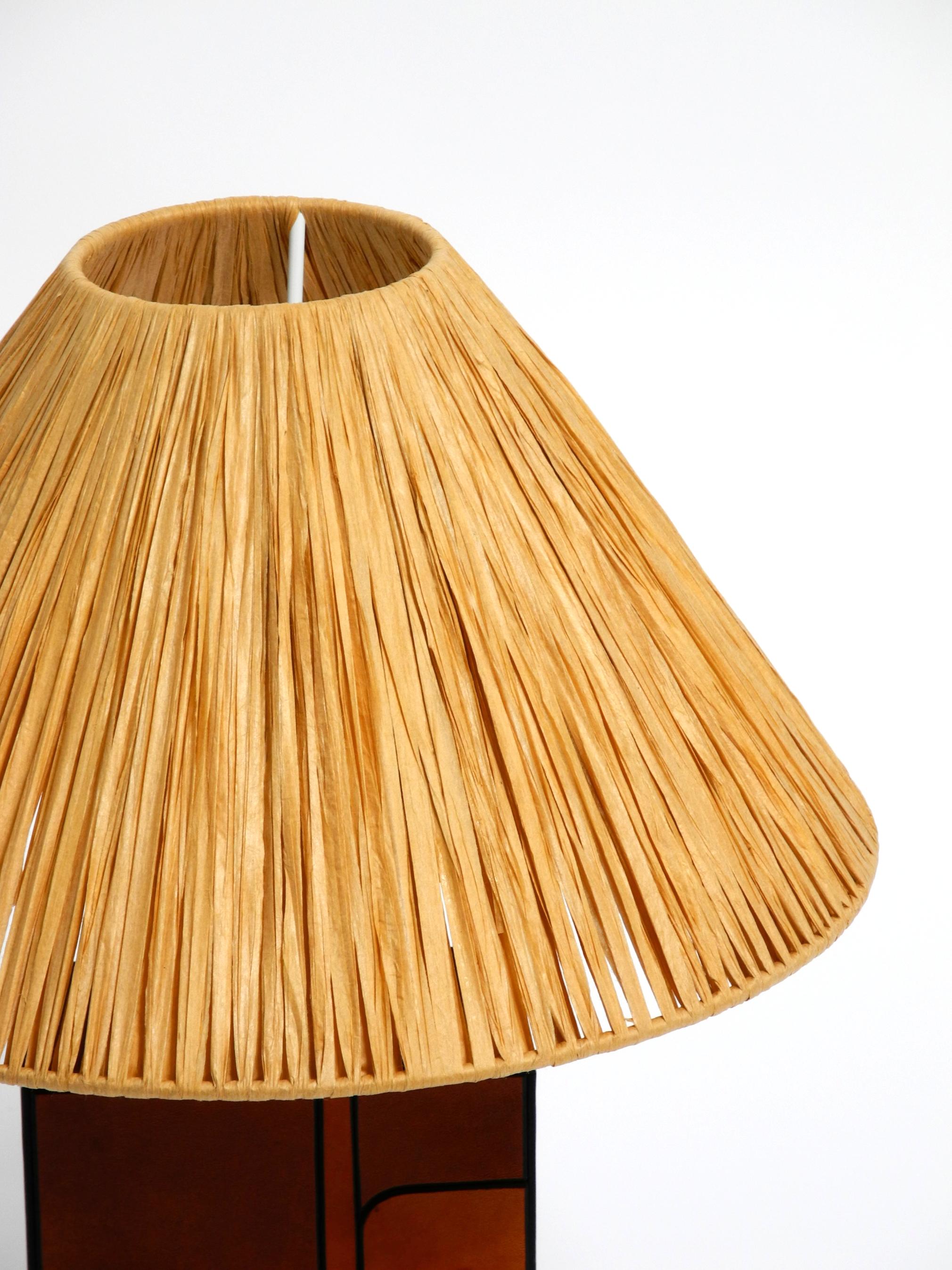 Italian 1960s table lamp made of wood and leather with paper straw lampshade For Sale 7