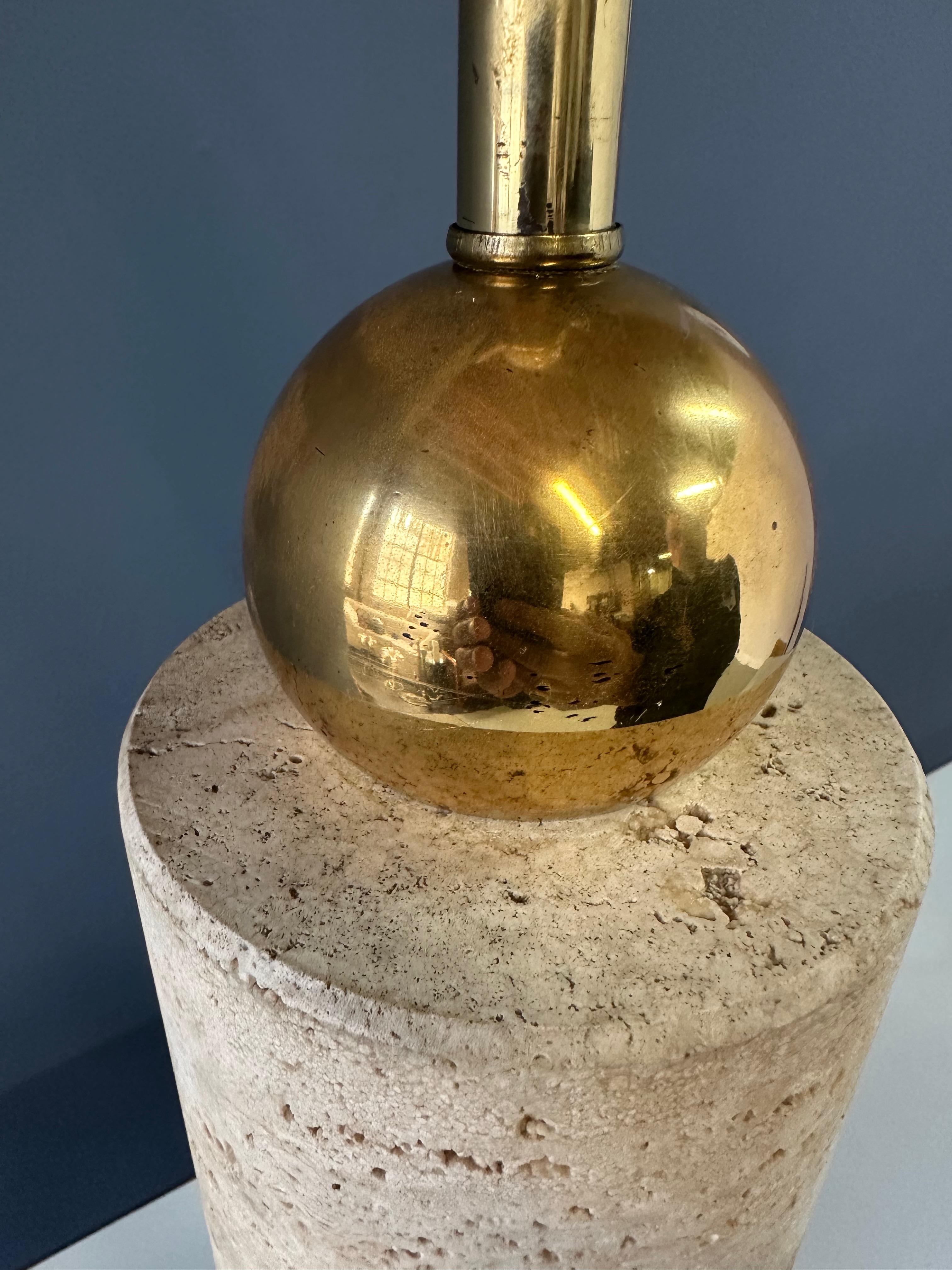 Italian 1960s Travertine and Brass Cylindrical Table Lamp In Good Condition For Sale In Philadelphia, PA