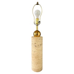 Lampada da tavolo cilindrica in travertino e ottone degli anni Sessanta