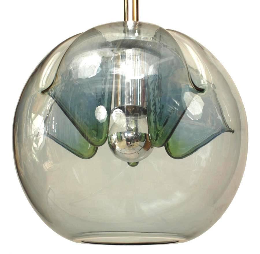 Italian 1960s Venetian lantern with round clear blue/grey Murano sphere shaped shade. Four internal folds and beveled open bottom with chrome stem and canopy. (VISTOSI)
