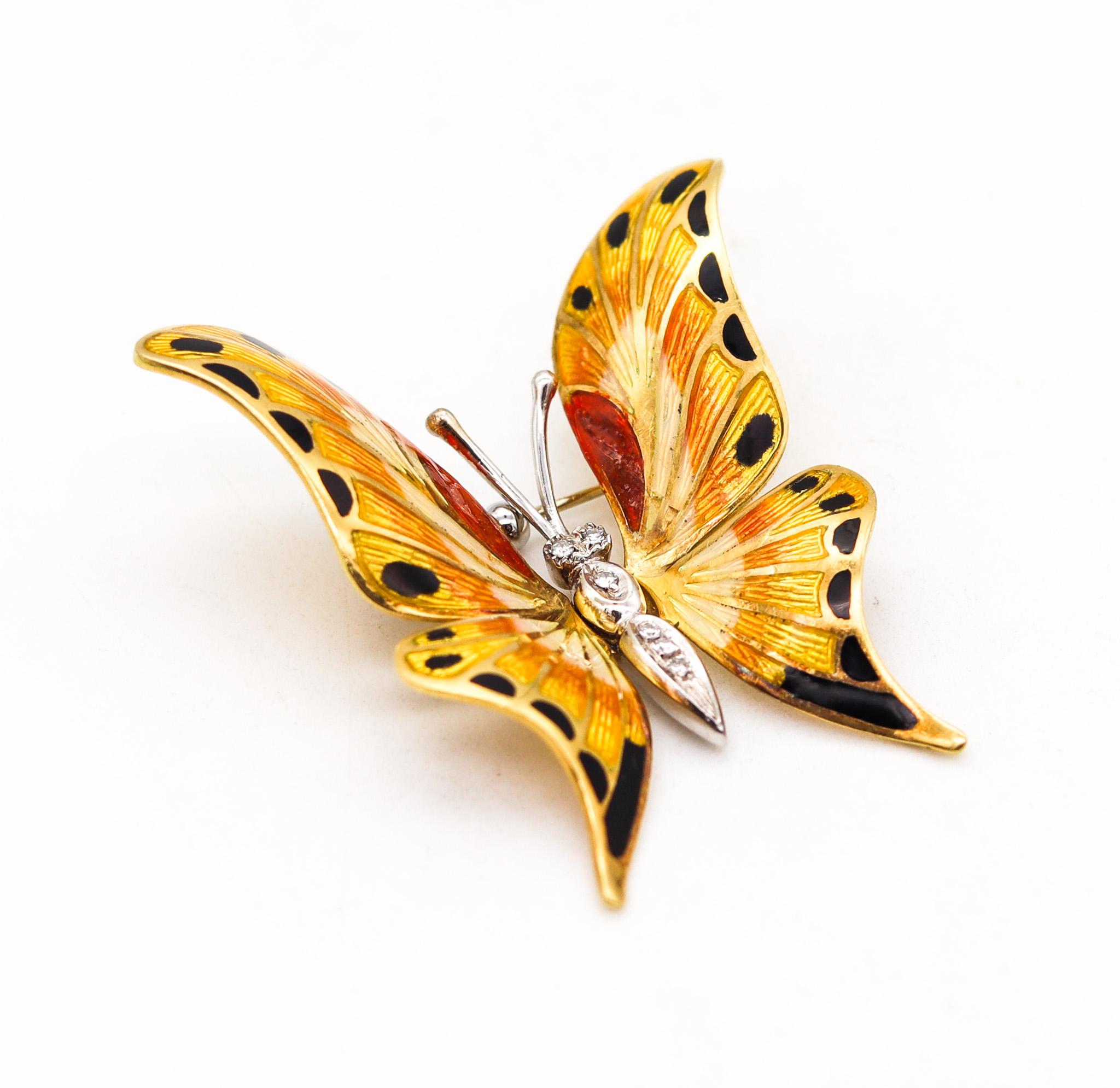 Colorful enameled butterfly brooch.

Beautiful and very colorful butterfly brooch, created in Italy back in the 1970. This unusual brooch has been crafted in the shape of a Monarch butterfly in solid yellow gold of 18 karats with high polished