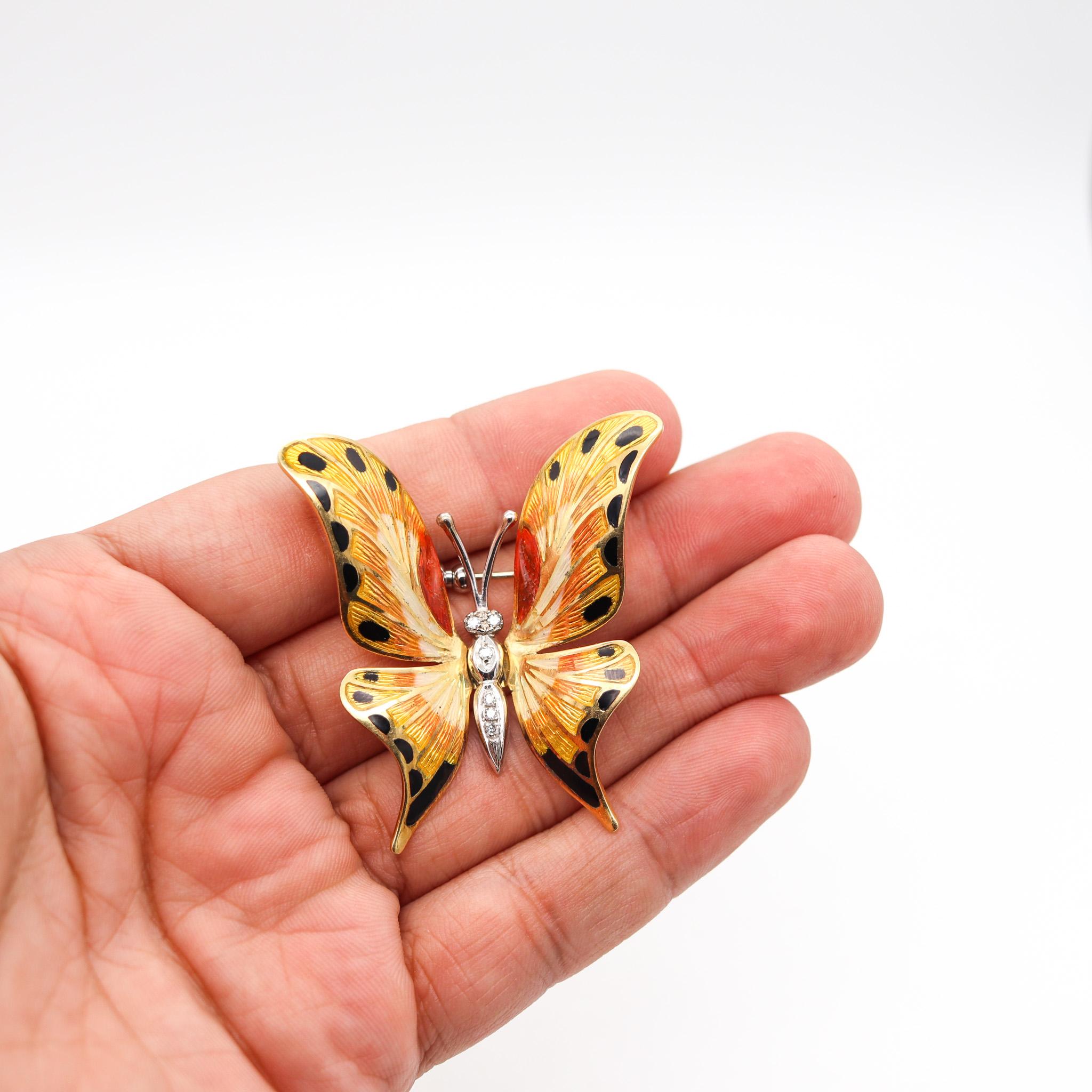 Italian 1970 Colorful Butterfly Enameled Brooch 18kt Yellow Gold with Diamonds In Excellent Condition For Sale In Miami, FL