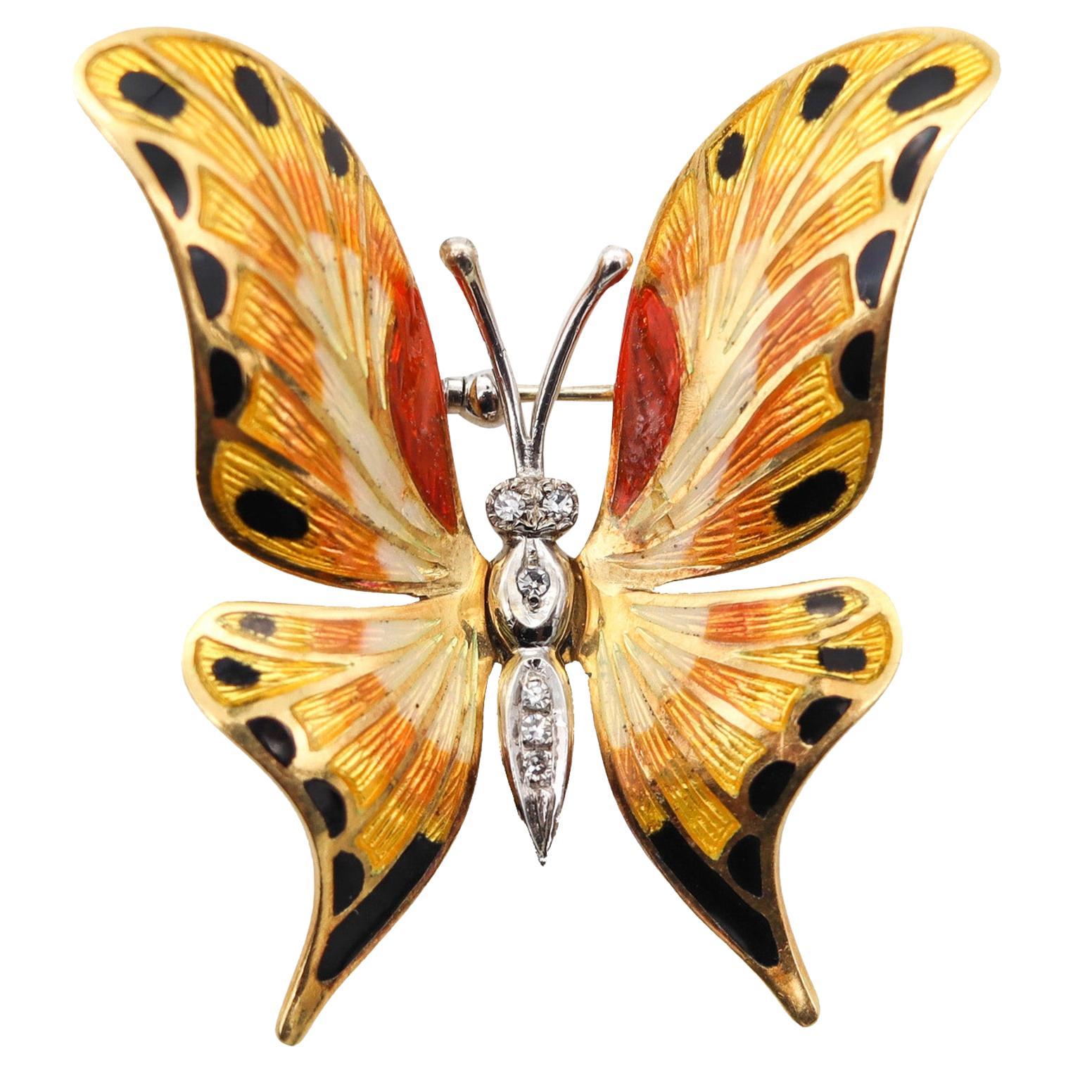 Italian 1970 Colorful Butterfly Enameled Brooch 18kt Yellow Gold with Diamonds For Sale