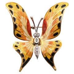 Italian 1970 Colorful Butterfly Enameled Brooch 18kt Yellow Gold with Diamonds