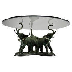 Italian 1970 Hollywood Regency Brass Coffee Table with round Glass Top