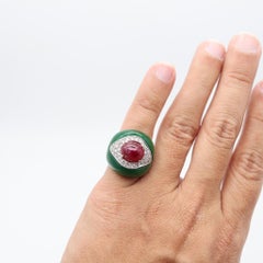 ITALIAN 1970 Modernist Bombe Cocktail Ring In 18Kt Diamonds Chrysoprase & Ruby