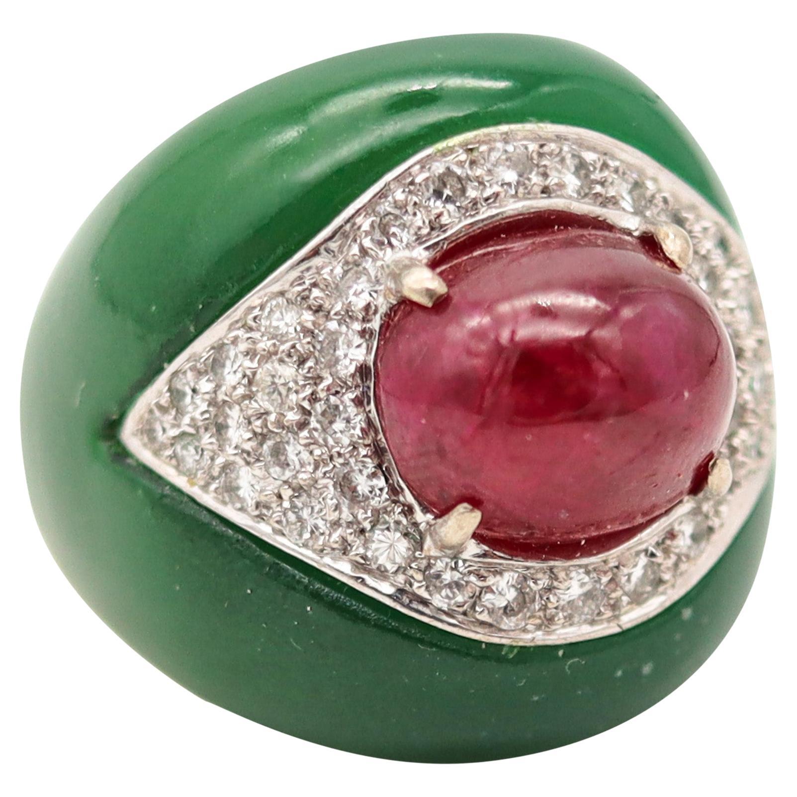 ITALIAN 1970 Modernist Bombe Cocktail Ring In 18Kt Diamonds Chrysoprase & Ruby