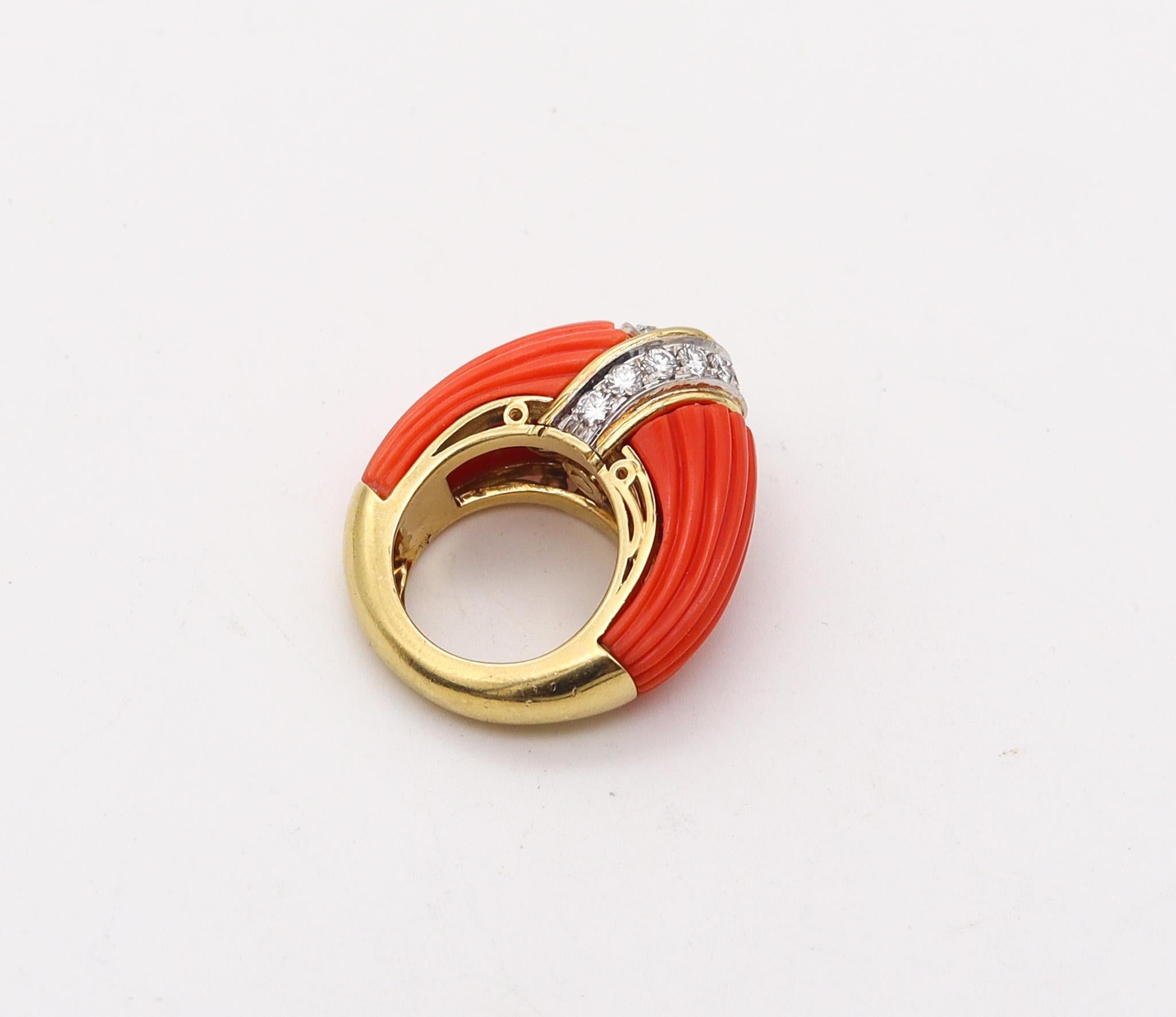 Women's Italian 1970 Modernist Cocktail Ring 18Kt Gold With 21.60 Ctw Diamonds And Coral For Sale
