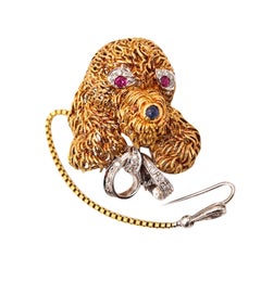 Broche italienne moderniste de 1970 en or 18 carats avec diamants et pierres précieuses