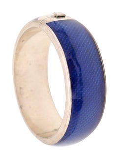 ITALIENISCH 1970 Modernist Guilloche "Blau" Emaille-Armreif in 925 Sterling