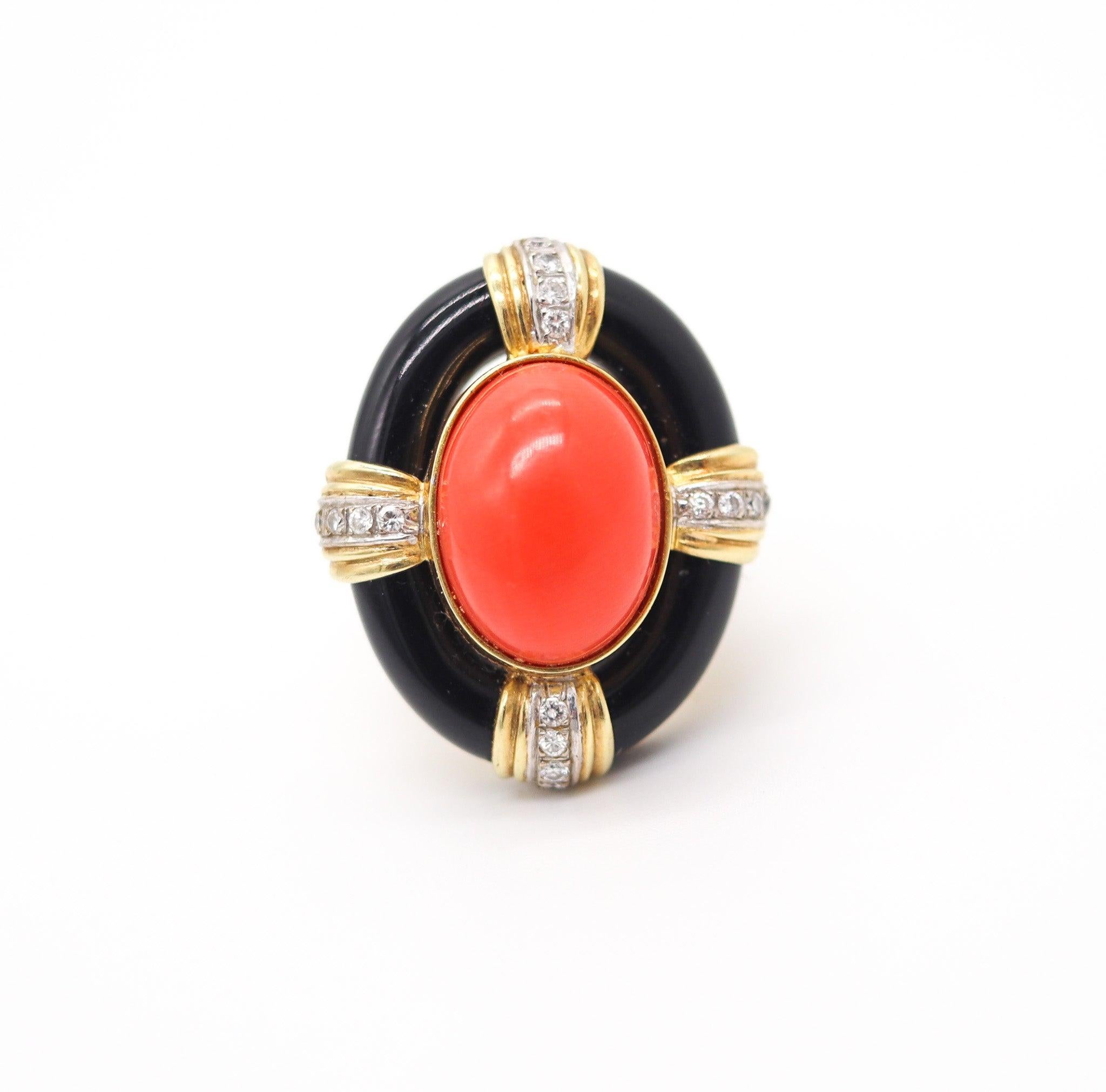 Modernist ITALIAN 1970 Retro Modern Cocktail Ring In 18Kt Gold With Coral, Diamonds & Onyx For Sale