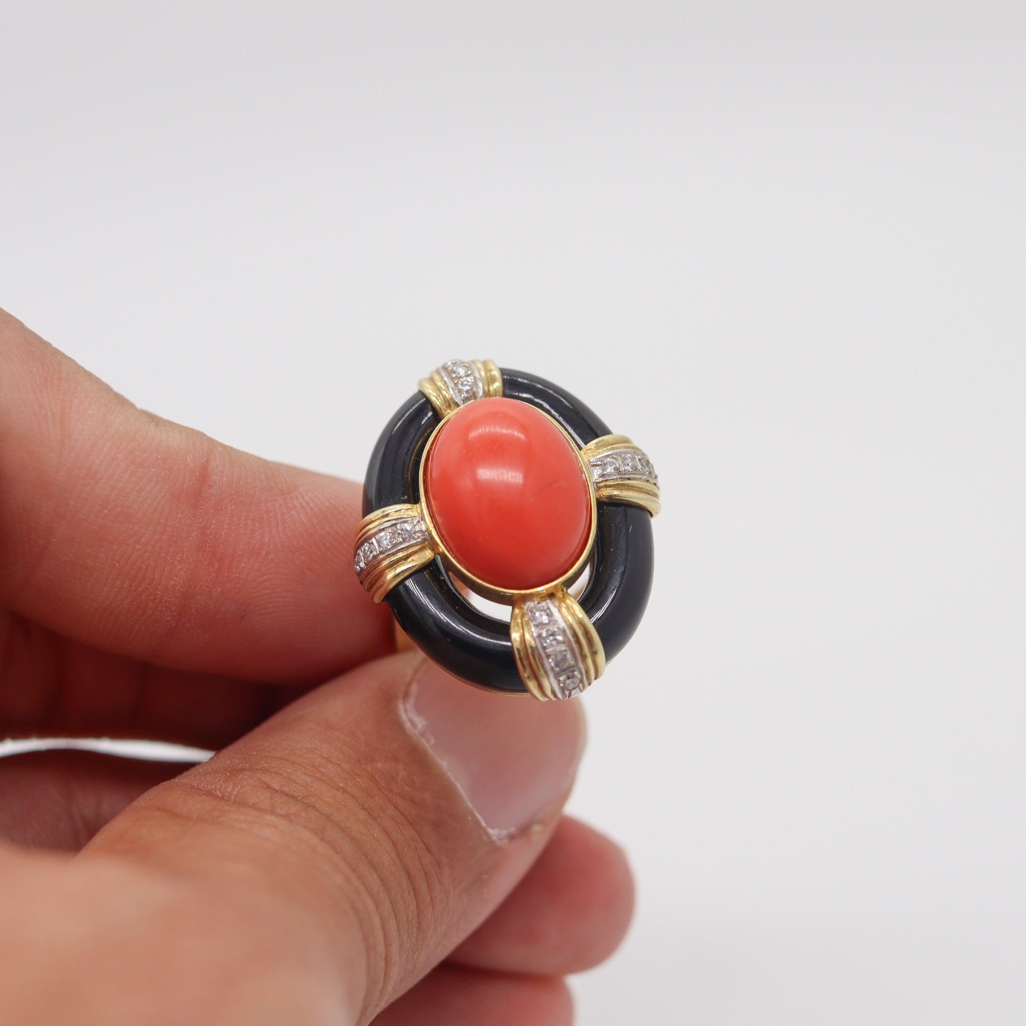 Women's ITALIAN 1970 Retro Modern Cocktail Ring In 18Kt Gold With Coral, Diamonds & Onyx For Sale