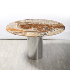 Italian 1970's Agate Center / Dining Table with Chrome Cylindrical Base