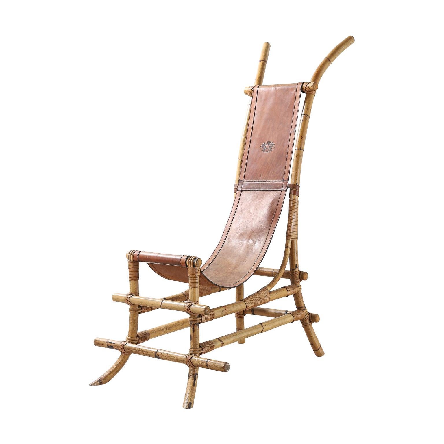 Italian 1970s Bamboo and Leather Sculptural Chair For Sale