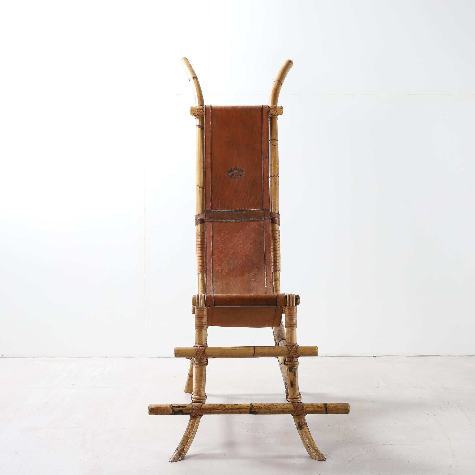 Italian sculptural chair with bamboo frame, leather cover marked ‘sem il vaccaro’ 1970s.