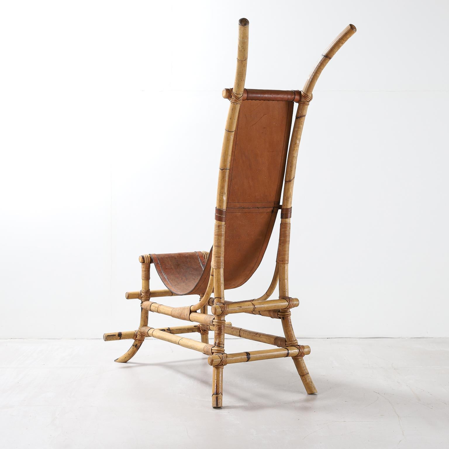Italian 1970s Bamboo and Leather Sculptural Chair In Good Condition For Sale In London, Charterhouse Square
