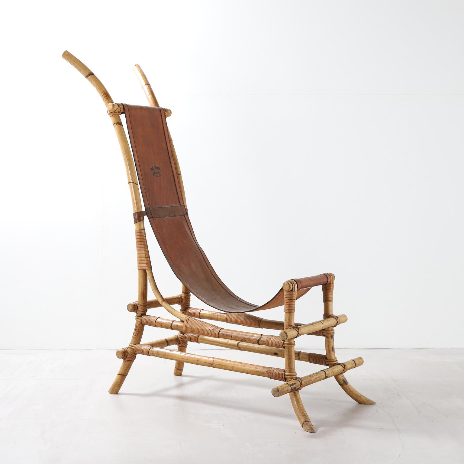 Late 20th Century Italian 1970s Bamboo and Leather Sculptural Chair For Sale