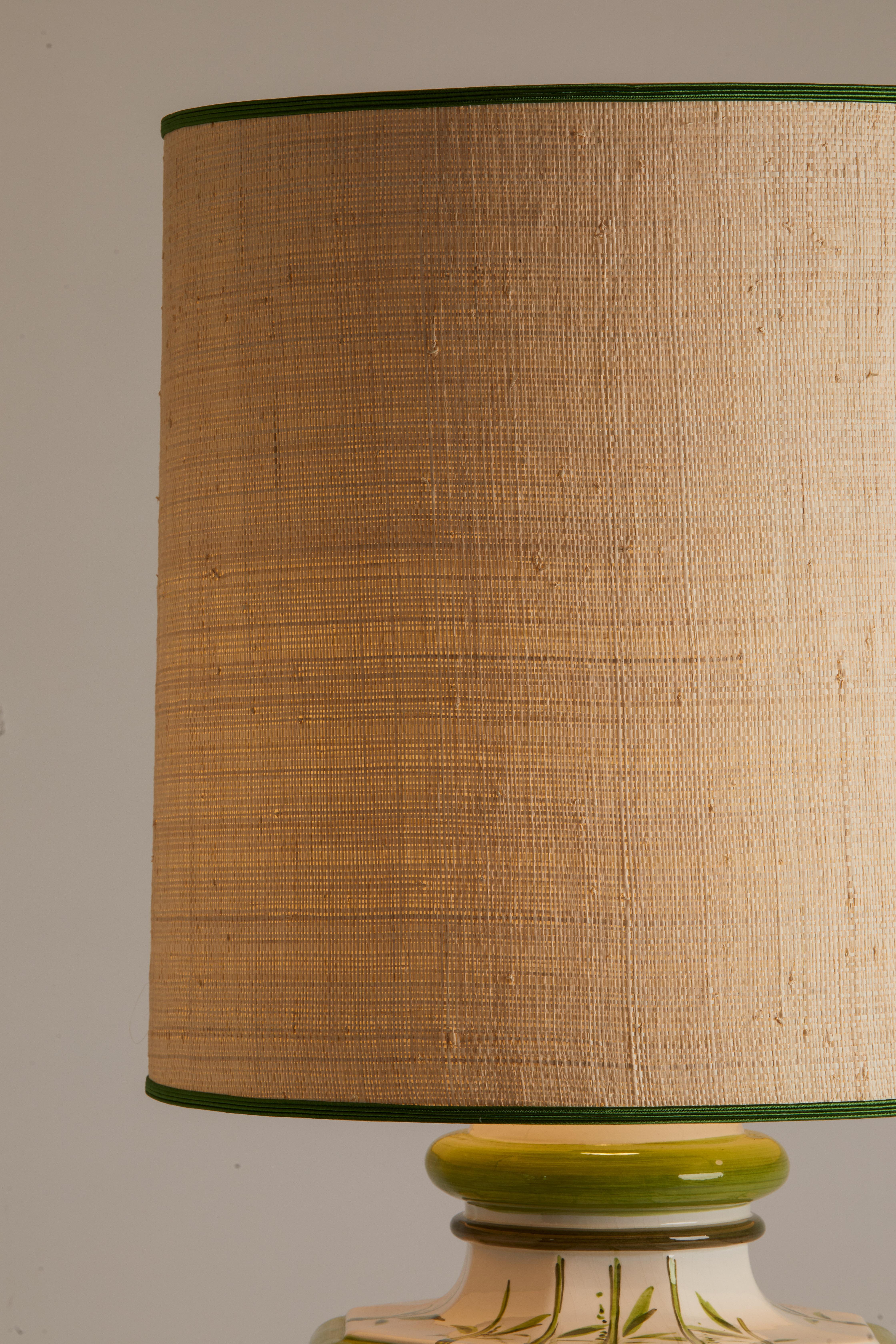Italian 1970's pottery lamp with beautifully detailed bamboo motif and custom shade.
